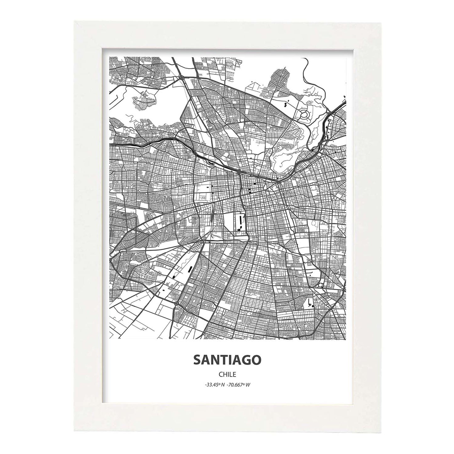 Poster con mapa de Santiago - Chile. Láminas de ciudades de Latinoamérica con mares y ríos en color negro.-Artwork-Nacnic-A3-Marco Blanco-Nacnic Estudio SL