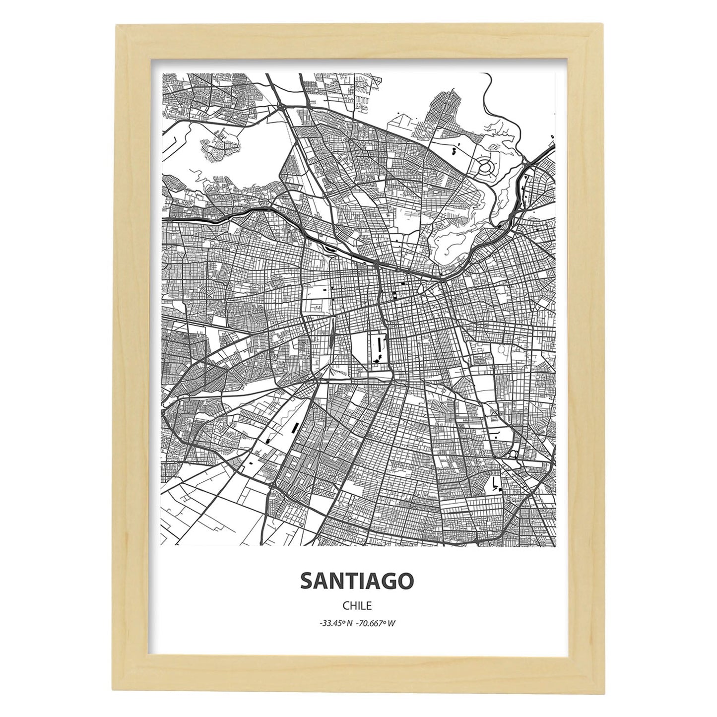 Poster con mapa de Santiago - Chile. Láminas de ciudades de Latinoamérica con mares y ríos en color negro.-Artwork-Nacnic-A4-Marco Madera clara-Nacnic Estudio SL