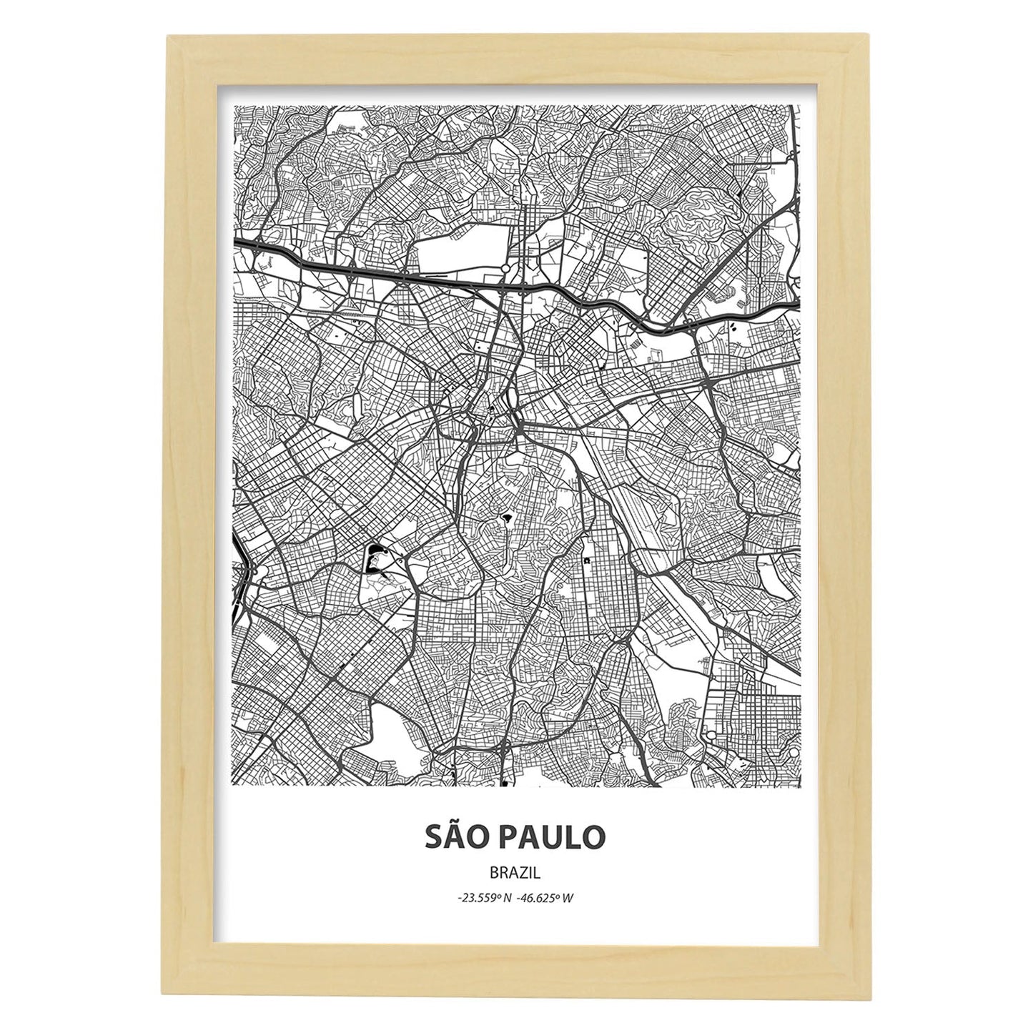 Poster con mapa de Sao Paulo - Brazil. Láminas de ciudades de Latinoamérica con mares y ríos en color negro.-Artwork-Nacnic-A4-Marco Madera clara-Nacnic Estudio SL