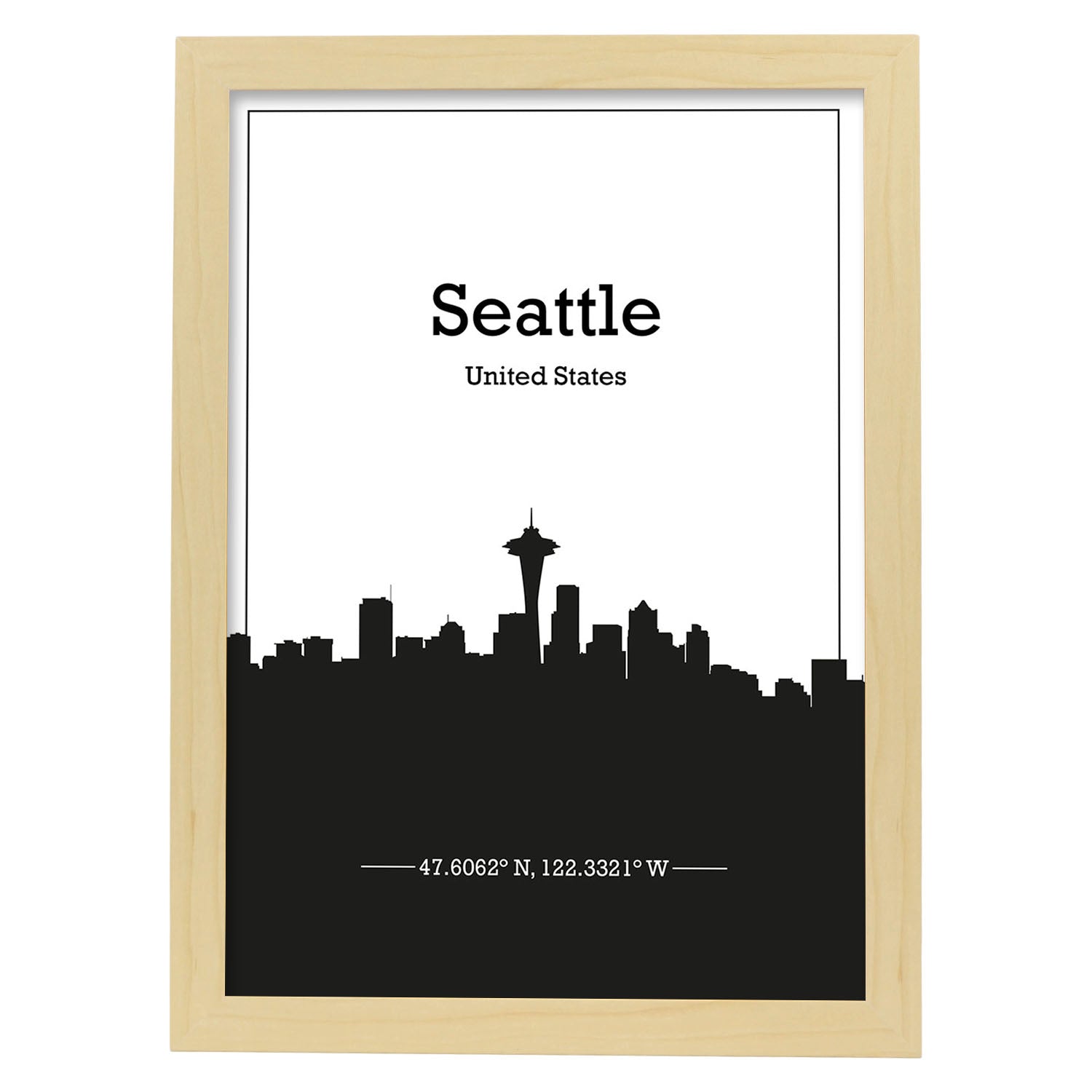 Poster con mapa de Seattle - USA. Láminas con Skyline de ciudades de Estados Unidos, Canada, Mexico con sombra negra.-Artwork-Nacnic-A4-Marco Madera clara-Nacnic Estudio SL