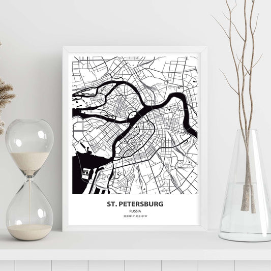 Poster con mapa de St. Petersburg - Rusia. Láminas de ciudades de Asia con mares y ríos en color negro.-Artwork-Nacnic-Nacnic Estudio SL