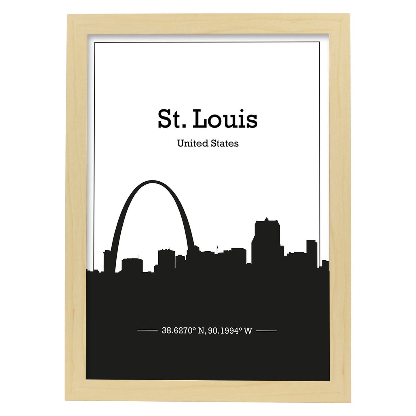 Poster con mapa de Stlouis - USA. Láminas con Skyline de ciudades de Estados Unidos, Canada, Mexico con sombra negra.-Artwork-Nacnic-A4-Marco Madera clara-Nacnic Estudio SL