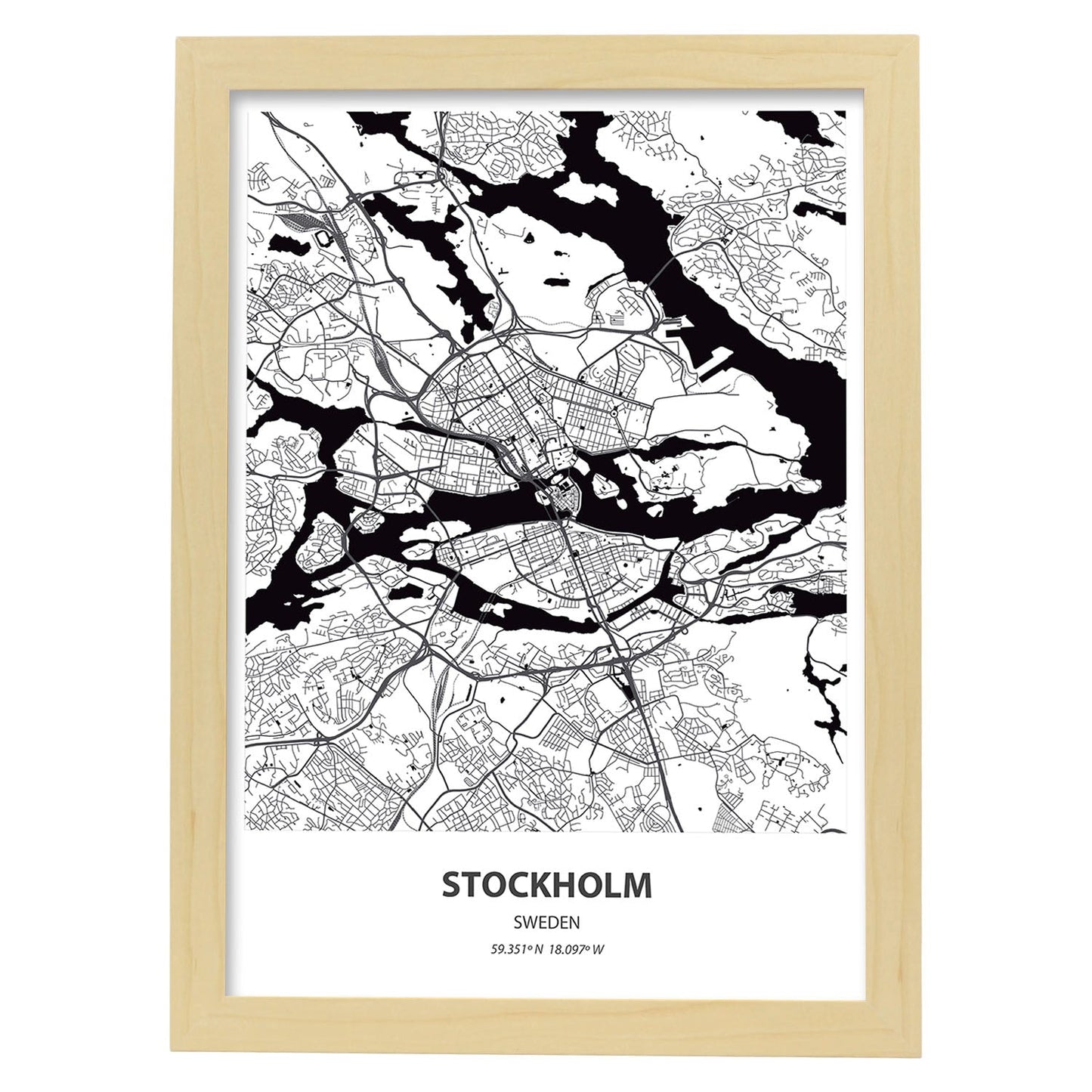 Poster con mapa de Stockholm - Suecia. Láminas de ciudades del norte de Europa con mares y ríos en color negro.-Artwork-Nacnic-A4-Marco Madera clara-Nacnic Estudio SL