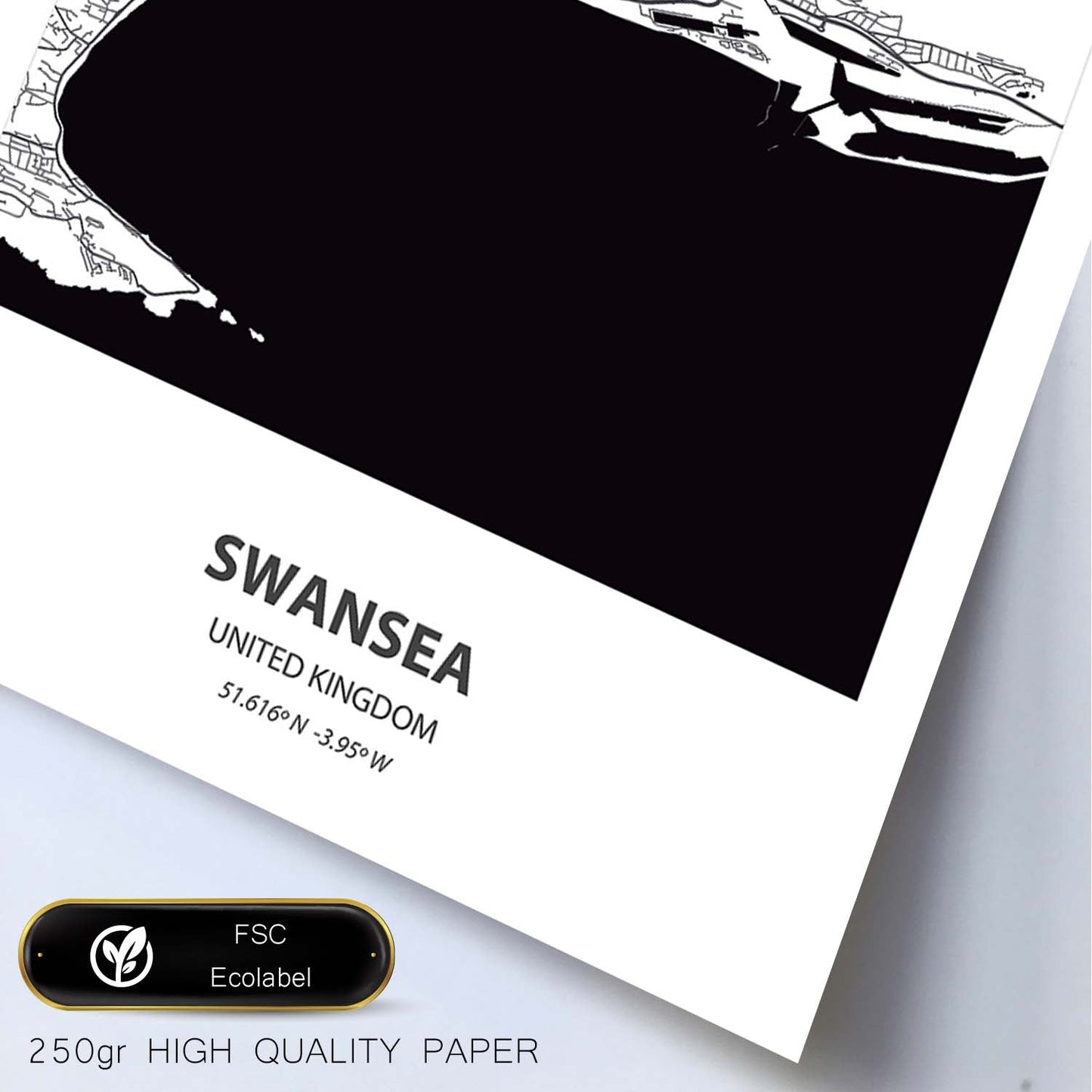 Poster con mapa de Swansea - Reino Unido. Láminas de ciudades de Reino Unido con mares y ríos en color negro.-Artwork-Nacnic-Nacnic Estudio SL