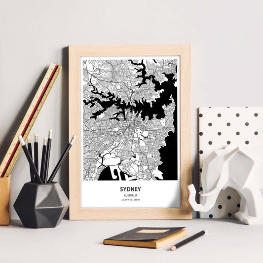 Poster con mapa de Sydney - Australia. Láminas de ciudades de Australia con mares y ríos en color negro.-Artwork-Nacnic-Nacnic Estudio SL