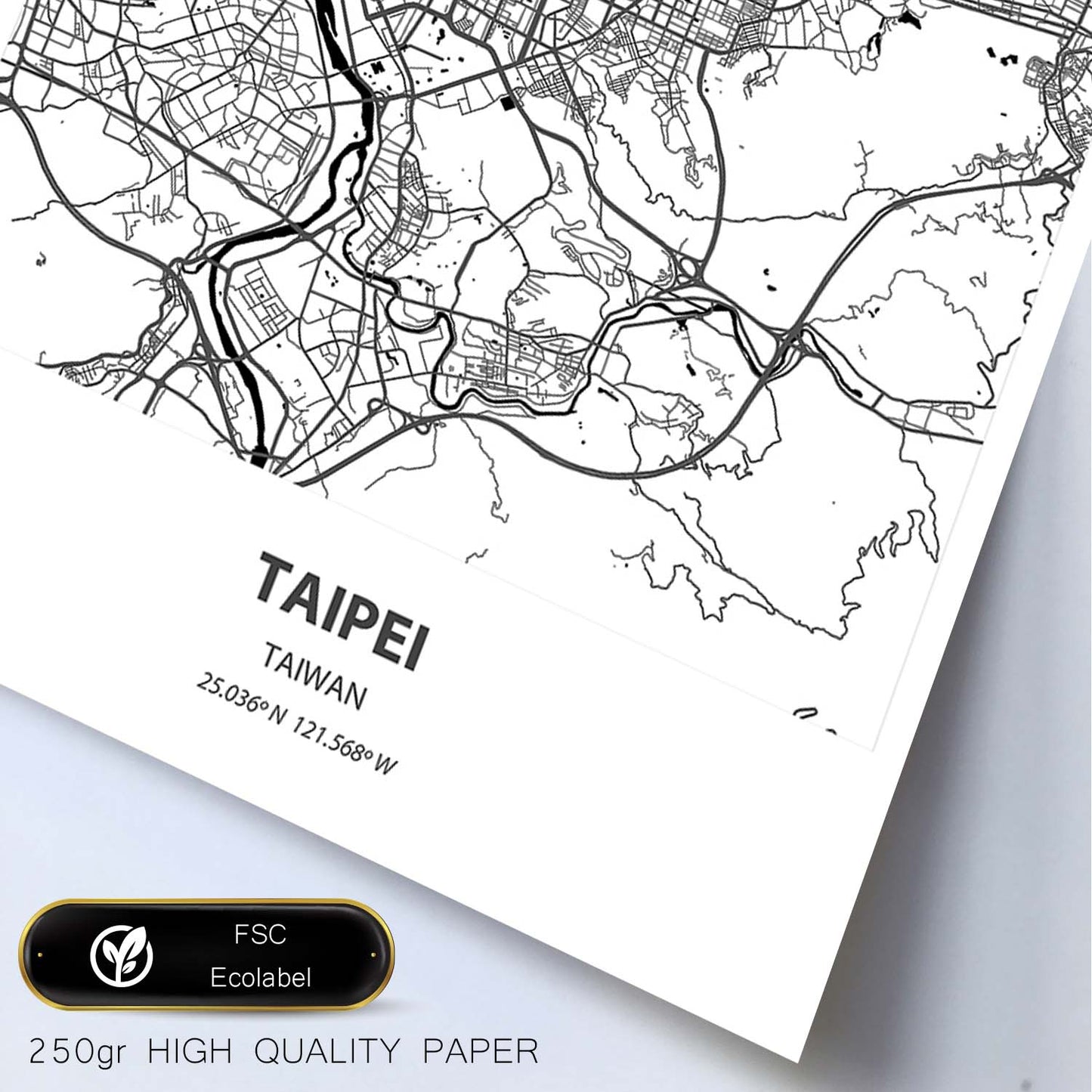 Poster con mapa de Taipei - Taiwan. Láminas de ciudades de Asia con mares y ríos en color negro.-Artwork-Nacnic-Nacnic Estudio SL