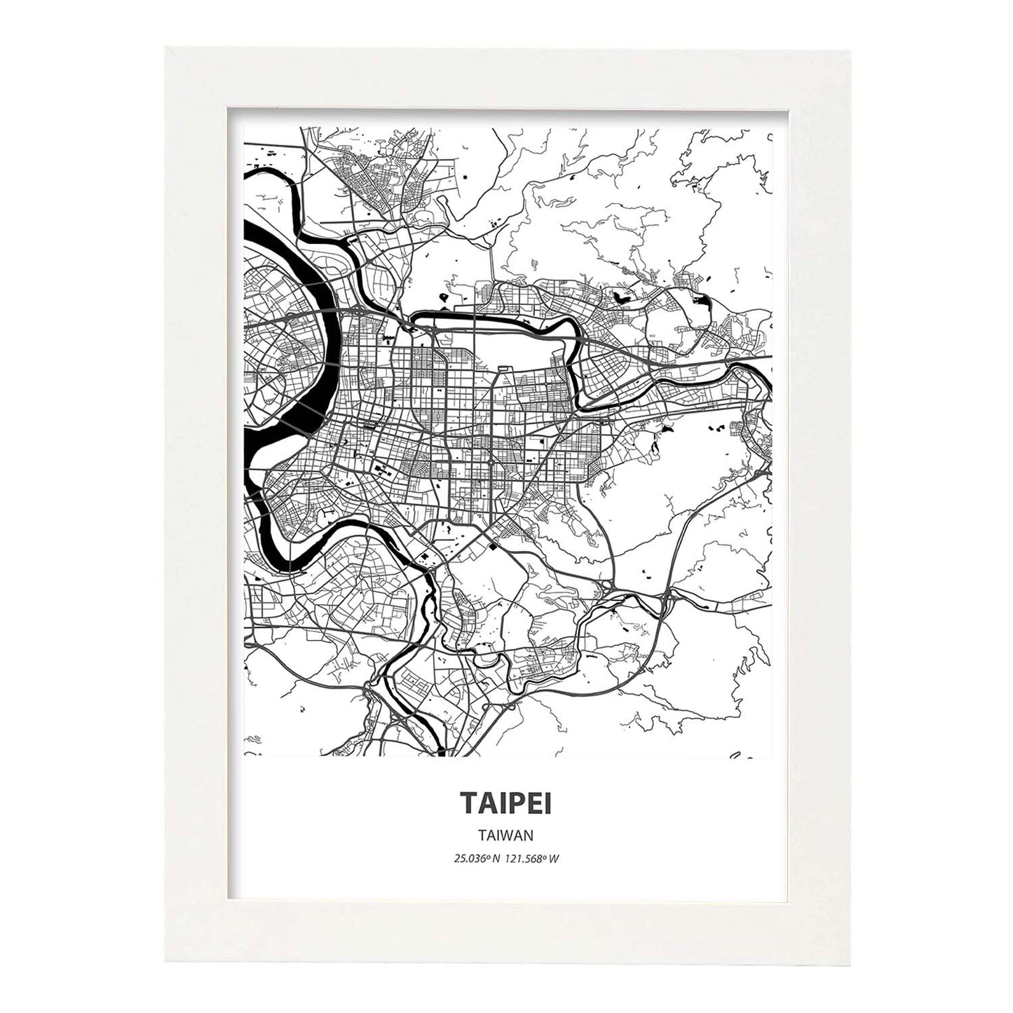Poster con mapa de Taipei - Taiwan. Láminas de ciudades de Asia con mares y ríos en color negro.-Artwork-Nacnic-A4-Marco Blanco-Nacnic Estudio SL
