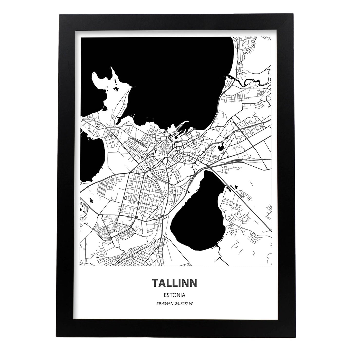 Poster con mapa de Tallinn - Estonia. Láminas de ciudades del norte de Europa con mares y ríos en color negro.-Artwork-Nacnic-A4-Marco Negro-Nacnic Estudio SL