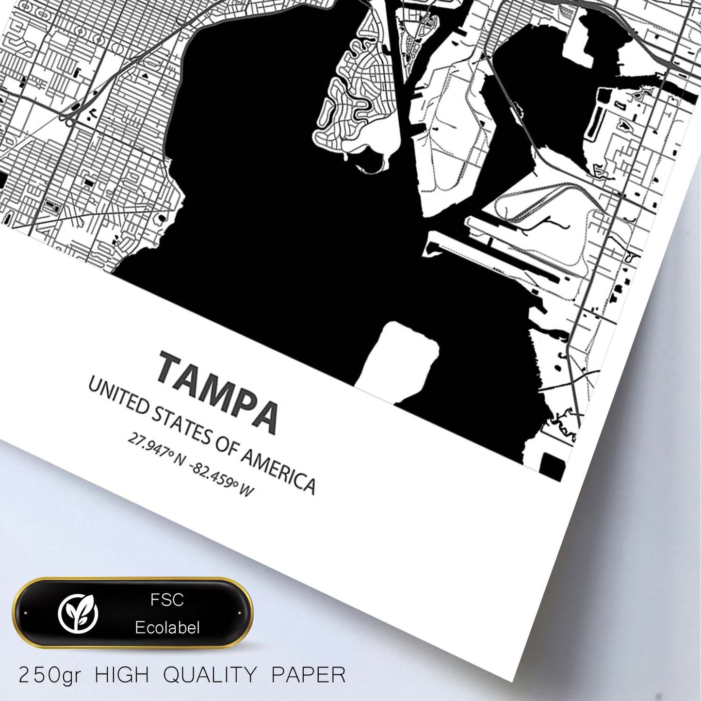 Poster con mapa de Tampa - USA. Láminas de ciudades de Estados Unidos con mares y ríos en color negro.-Artwork-Nacnic-Nacnic Estudio SL