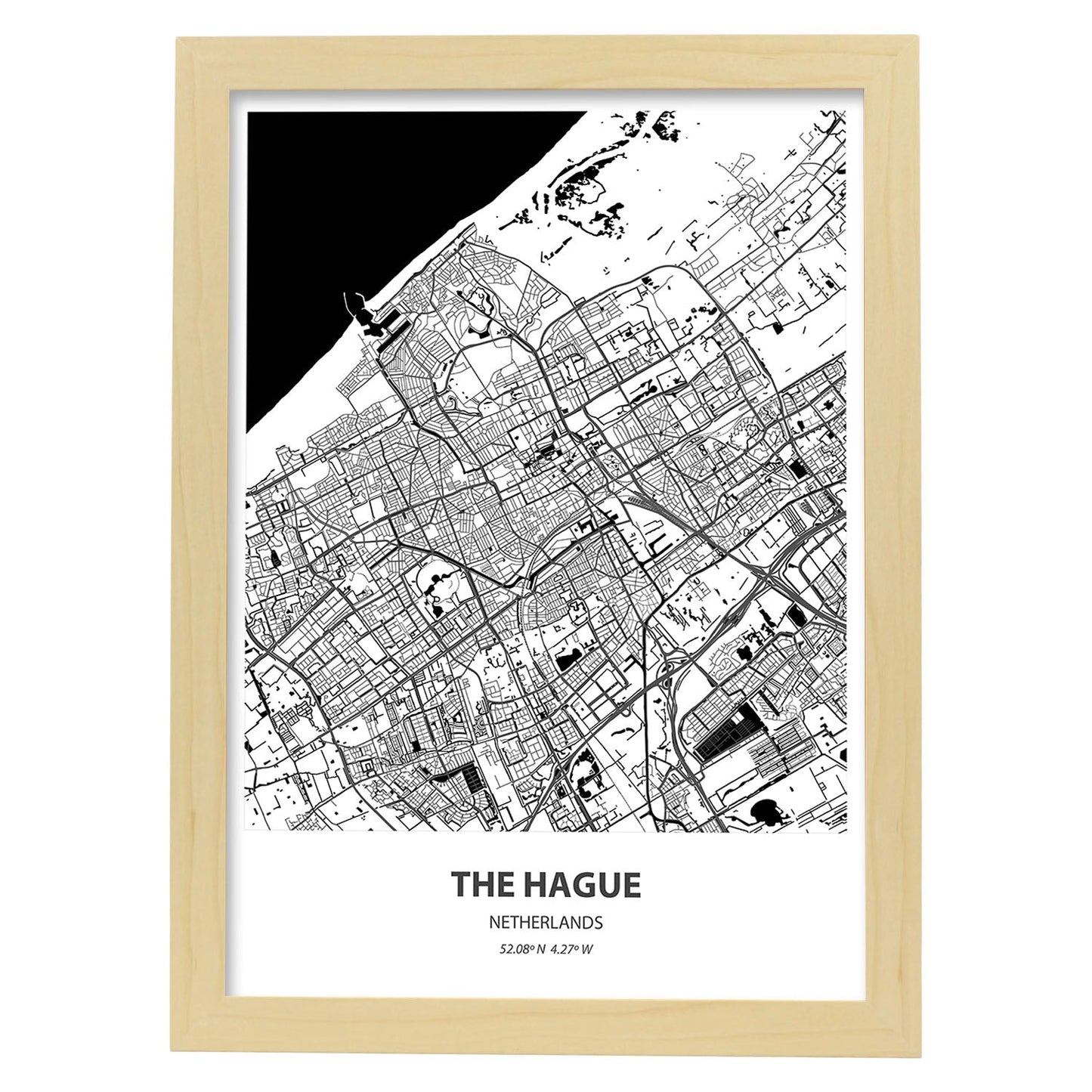Poster con mapa de The hague - Holanda. Láminas de ciudades de Holanda y Bélgica con mares y ríos en color negro.-Artwork-Nacnic-A3-Marco Madera clara-Nacnic Estudio SL