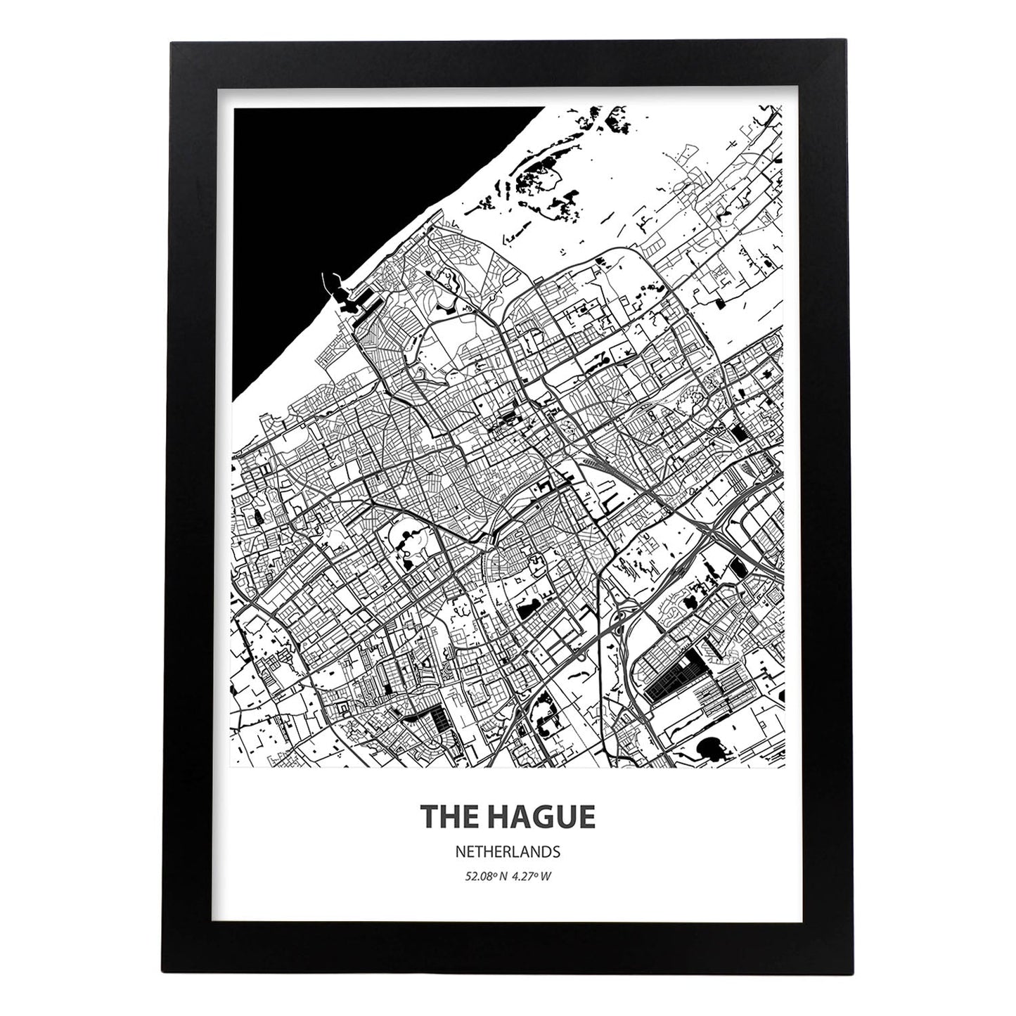 Poster con mapa de The hague - Holanda. Láminas de ciudades de Holanda y Bélgica con mares y ríos en color negro.-Artwork-Nacnic-A3-Marco Negro-Nacnic Estudio SL