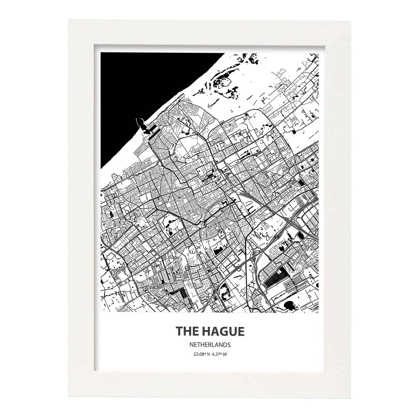 Poster con mapa de The hague - Holanda. Láminas de ciudades de Holanda y Bélgica con mares y ríos en color negro.-Artwork-Nacnic-A4-Marco Blanco-Nacnic Estudio SL