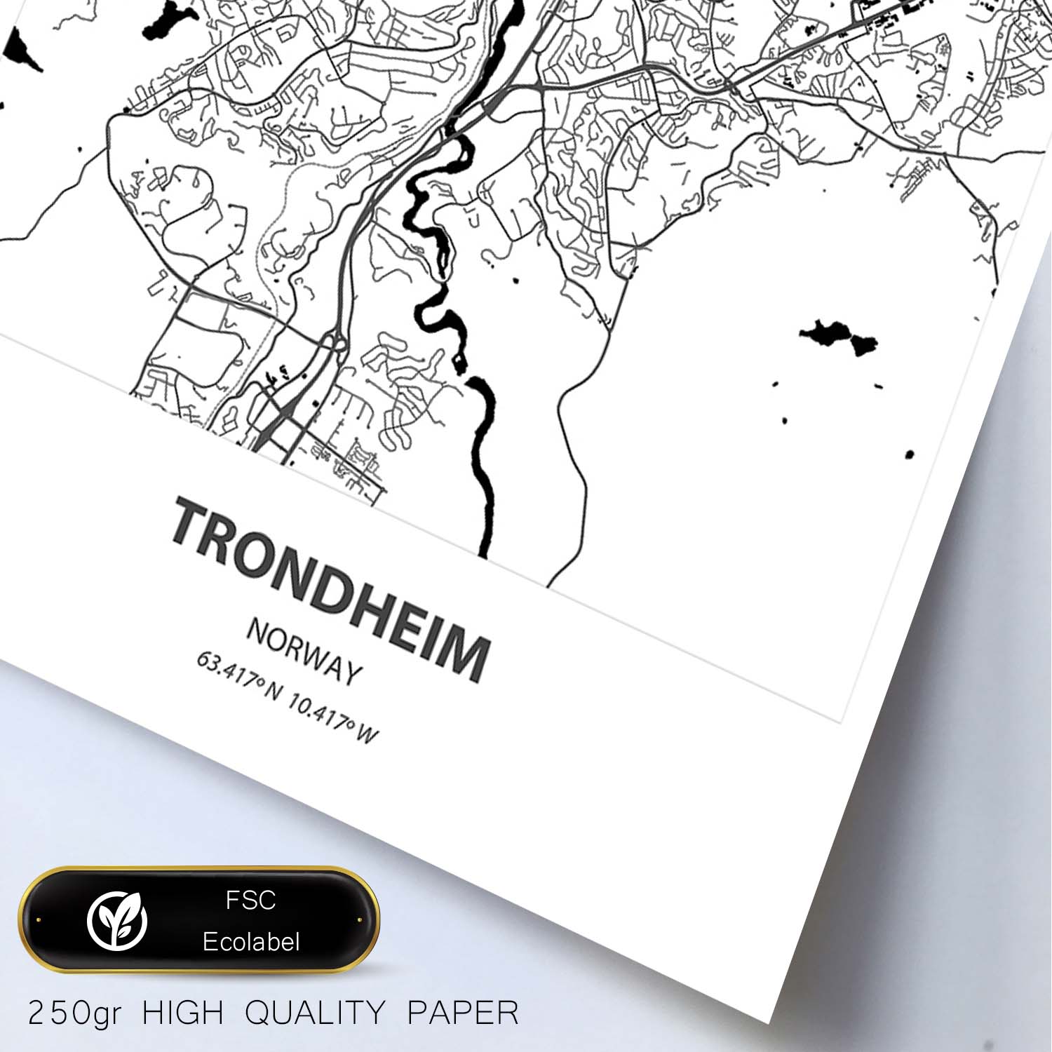 Poster con mapa de Trondheim - Noruega. Láminas de ciudades del norte de Europa con mares y ríos en color negro.-Artwork-Nacnic-Nacnic Estudio SL
