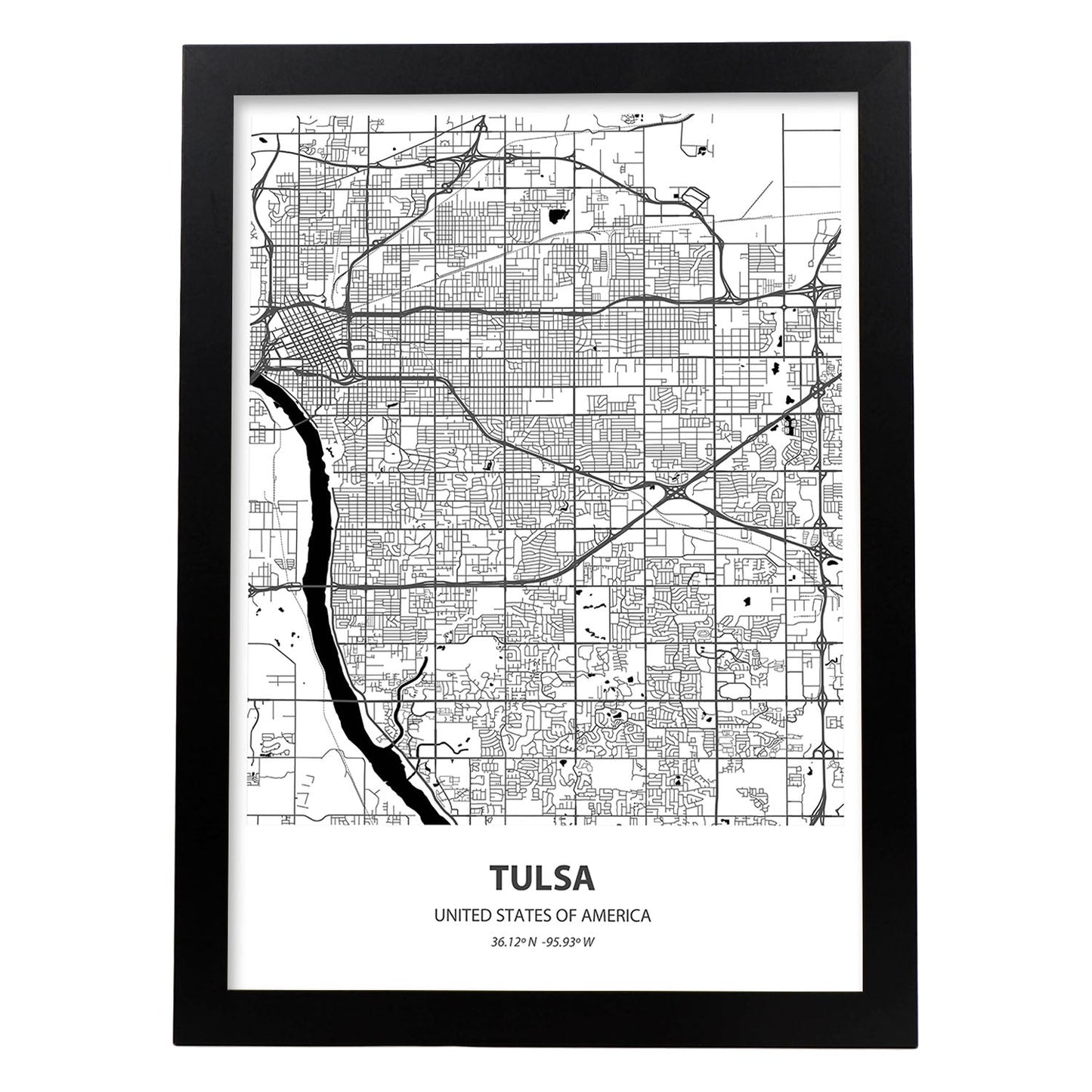 Poster con mapa de Tulsa - USA. Láminas de ciudades de Estados Unidos con mares y ríos en color negro.-Artwork-Nacnic-A4-Marco Negro-Nacnic Estudio SL