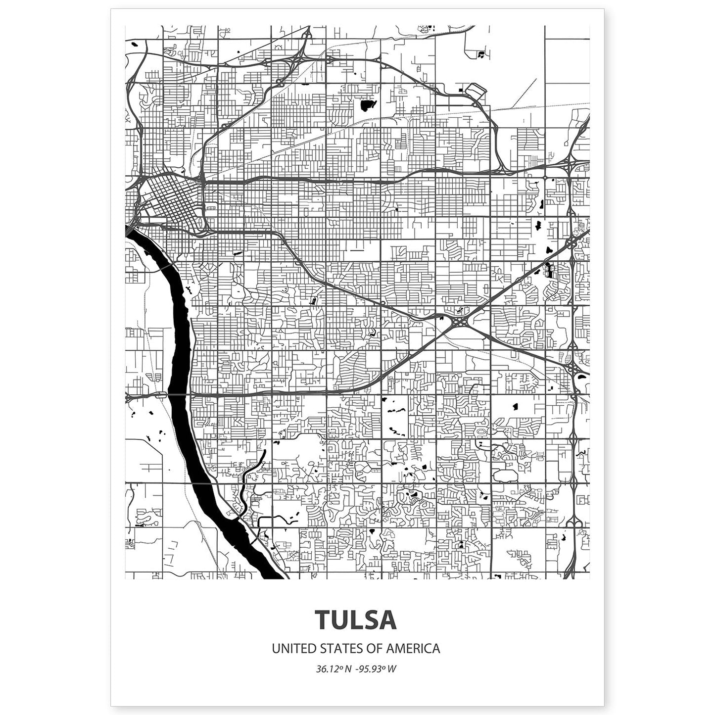 Poster con mapa de Tulsa - USA. Láminas de ciudades de Estados Unidos con mares y ríos en color negro.-Artwork-Nacnic-A4-Sin marco-Nacnic Estudio SL
