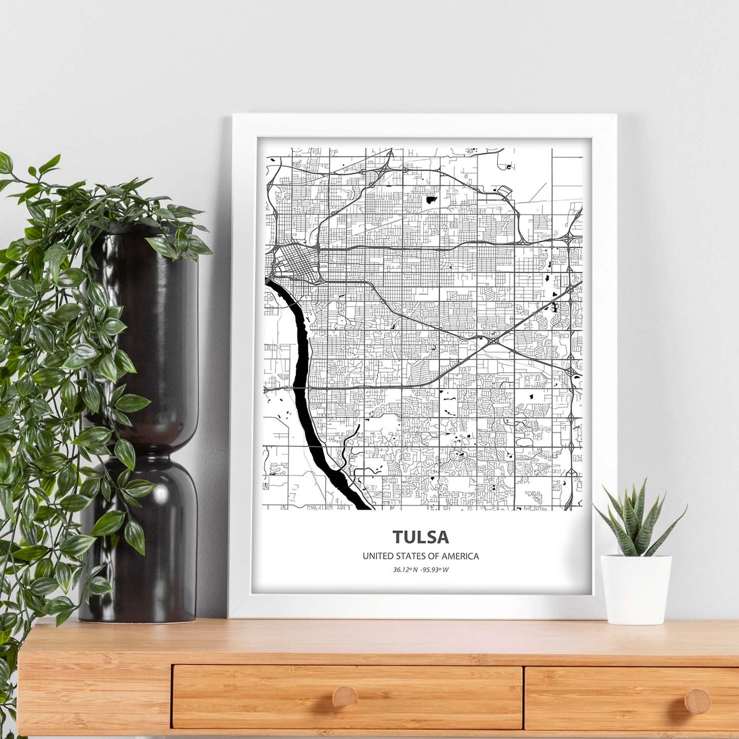Poster con mapa de Tulsa - USA. Láminas de ciudades de Estados Unidos con mares y ríos en color negro.-Artwork-Nacnic-Nacnic Estudio SL