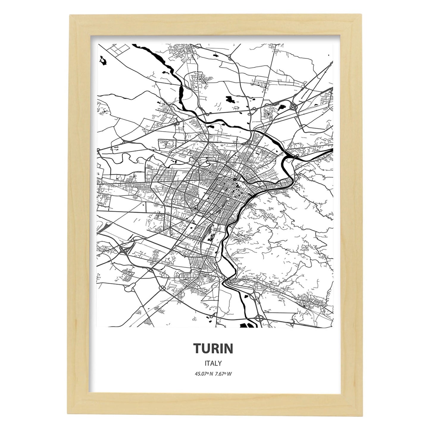 Poster con mapa de Turin - Italia. Láminas de ciudades de Italia con mares y ríos en color negro.-Artwork-Nacnic-A4-Marco Madera clara-Nacnic Estudio SL