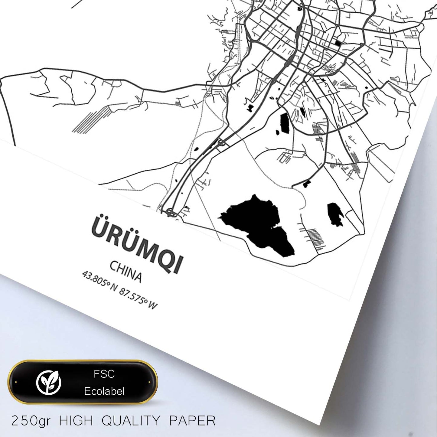 Poster con mapa de Urumqi - China. Láminas de ciudades de África con mares y ríos en color negro.-Artwork-Nacnic-Nacnic Estudio SL