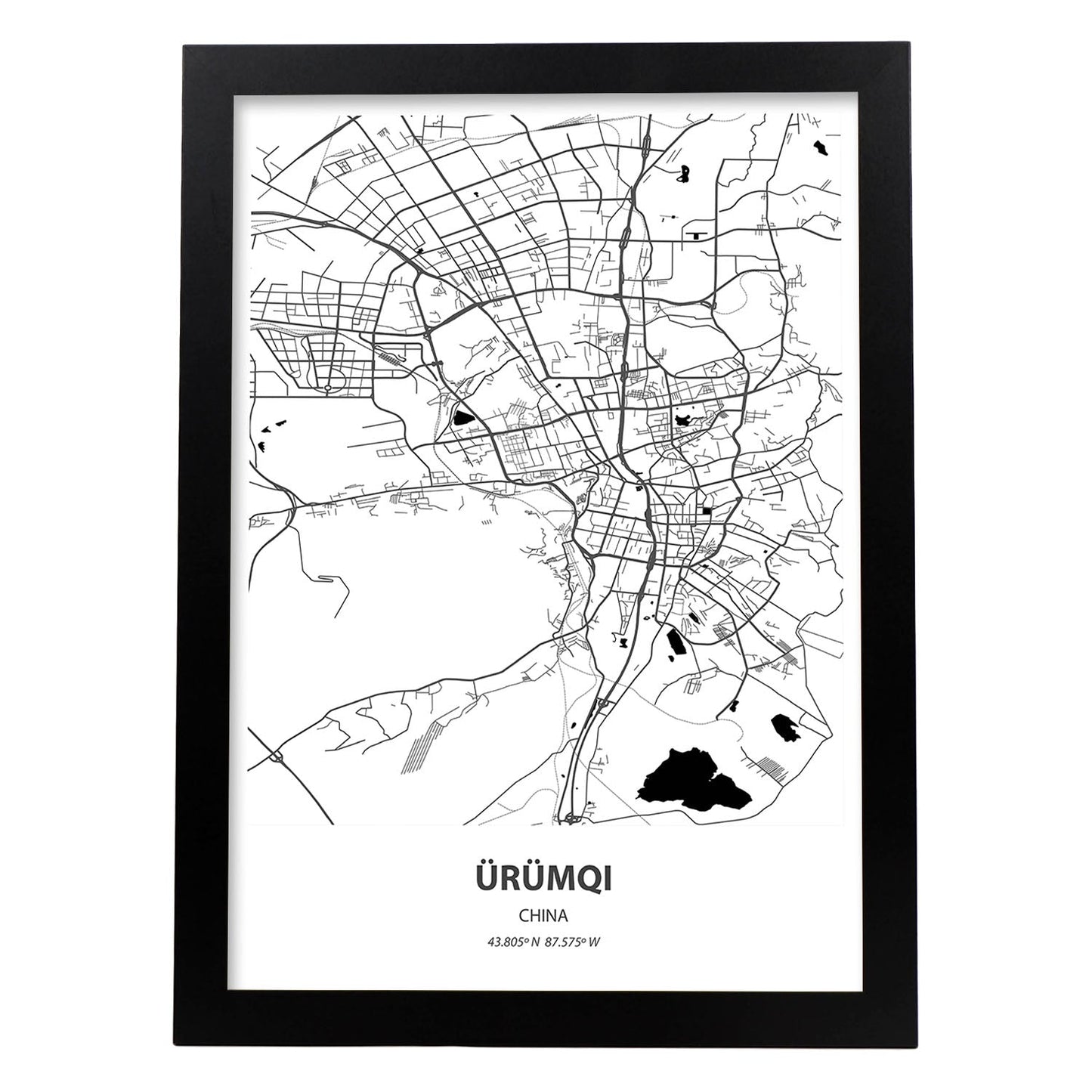 Poster con mapa de Urumqi - China. Láminas de ciudades de África con mares y ríos en color negro.-Artwork-Nacnic-A4-Marco Negro-Nacnic Estudio SL
