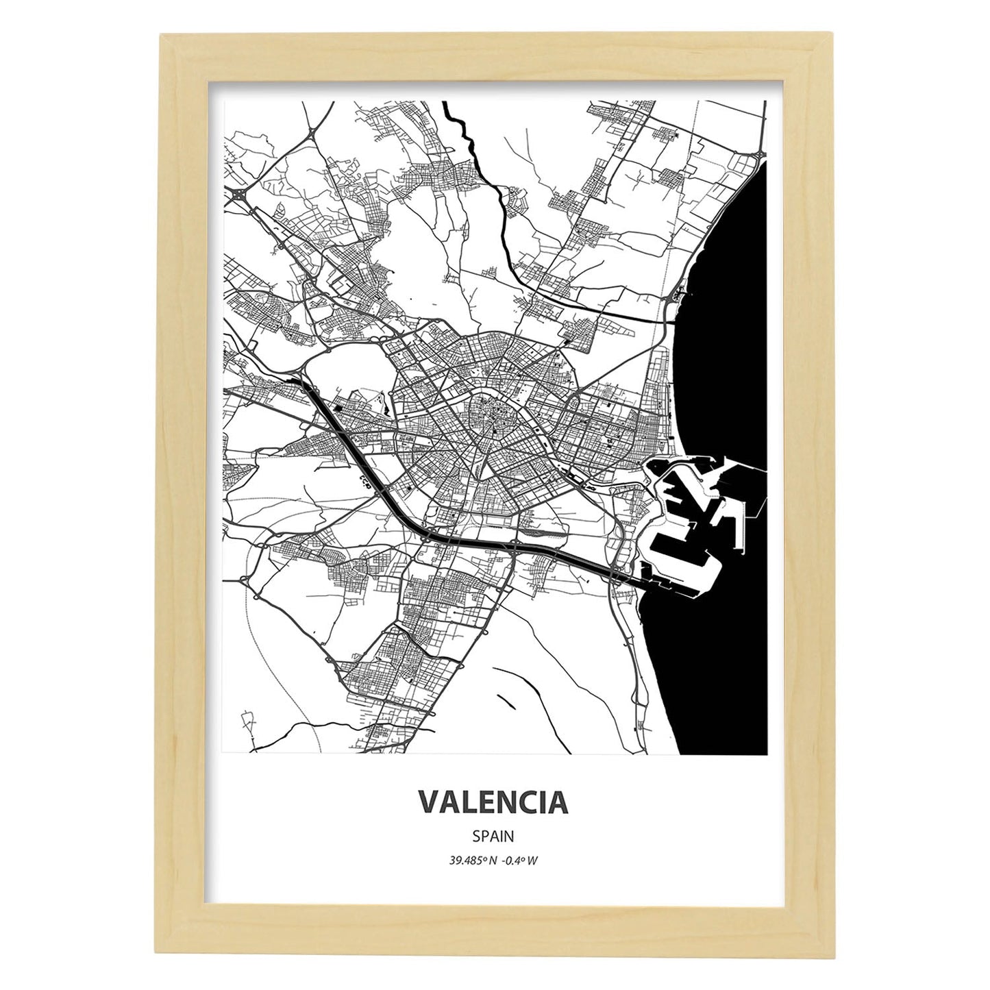 Poster con mapa de Valencia - España. Láminas de ciudades de España con mares y ríos en color negro.-Artwork-Nacnic-A4-Marco Madera clara-Nacnic Estudio SL