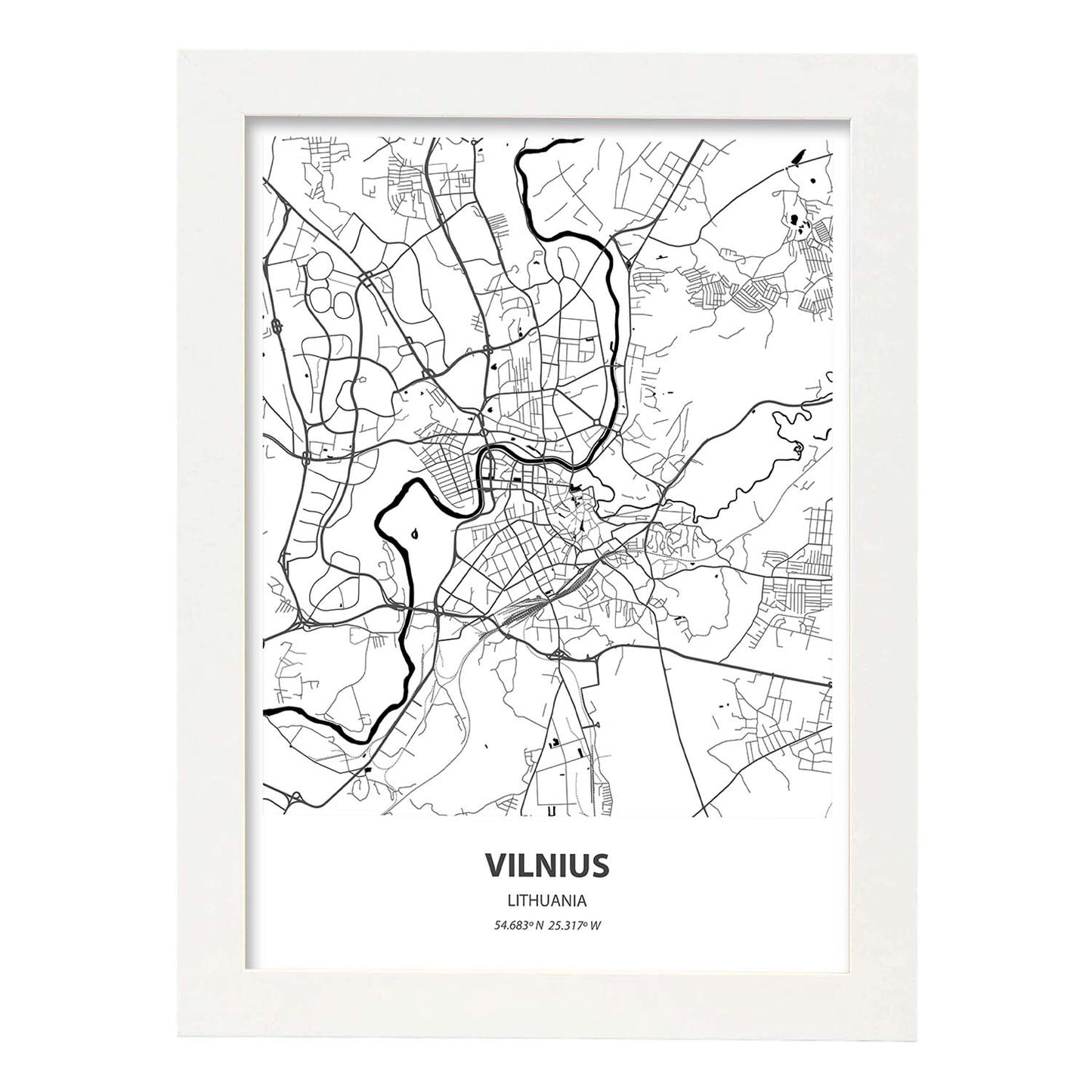 Poster con mapa de Vilnus - Lituania. Láminas de ciudades de Europa con mares y ríos en color negro.-Artwork-Nacnic-A3-Marco Blanco-Nacnic Estudio SL