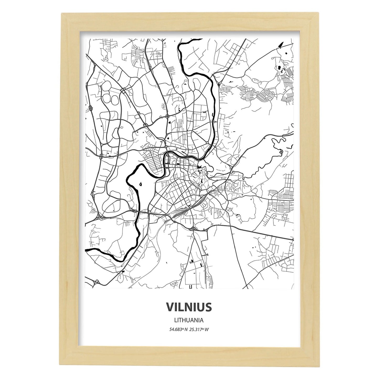 Poster con mapa de Vilnus - Lituania. Láminas de ciudades de Europa con mares y ríos en color negro.-Artwork-Nacnic-A4-Marco Madera clara-Nacnic Estudio SL