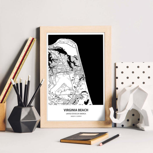 Poster con mapa de Virginia Beach - USA. Láminas de ciudades de Estados Unidos con mares y ríos en color negro.-Artwork-Nacnic-Nacnic Estudio SL