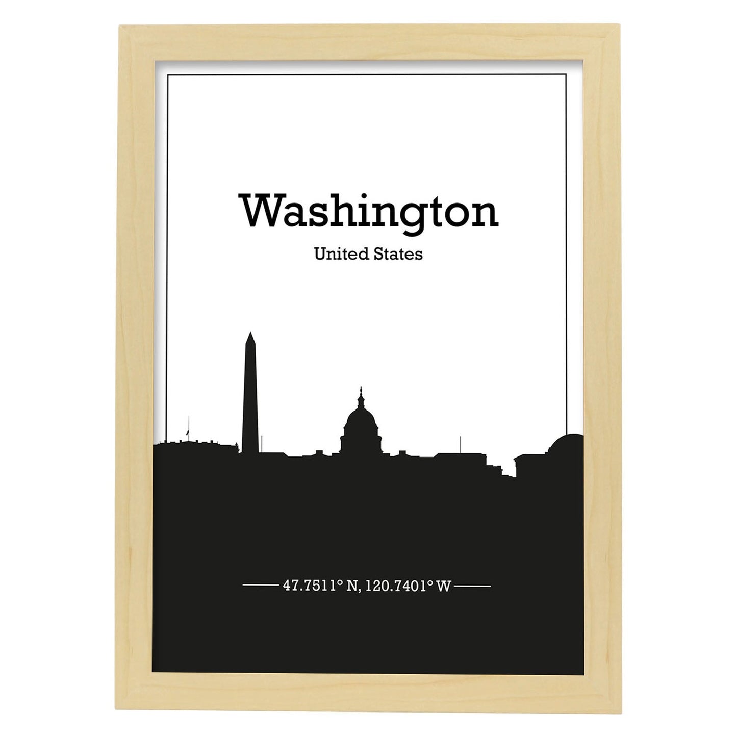 Poster con mapa de Washington - USA. Láminas con Skyline de ciudades de Estados Unidos, Canada, Mexico con sombra negra.-Artwork-Nacnic-A3-Marco Madera clara-Nacnic Estudio SL