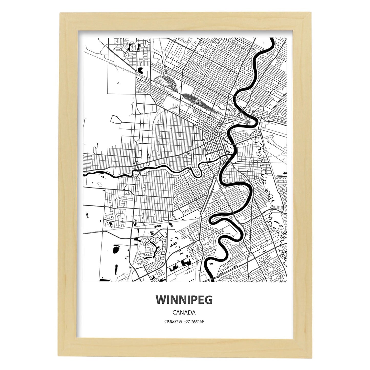 Poster con mapa de Winnipeg - Canada. Láminas de ciudades de Canada con mares y ríos en color negro.-Artwork-Nacnic-A4-Marco Madera clara-Nacnic Estudio SL