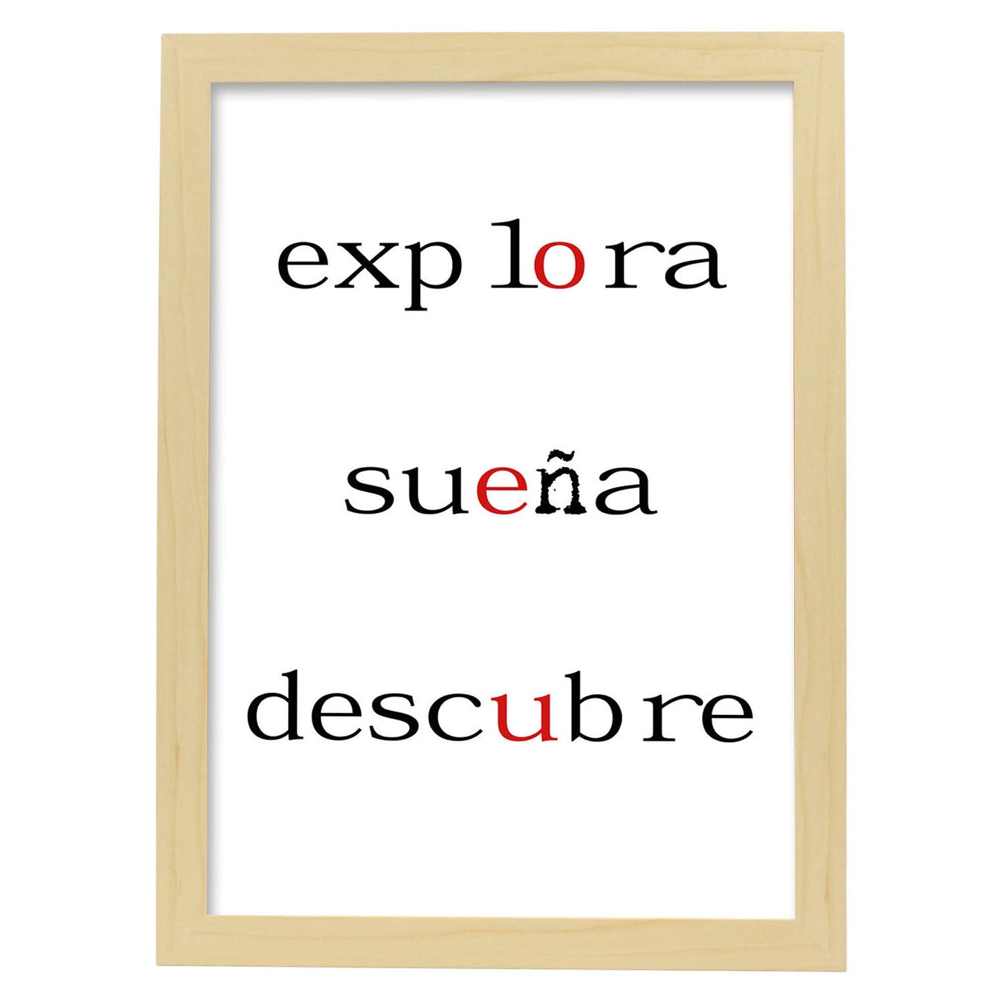 Poster con mensaje feliz. Lámina Explora sueña descubre.-Artwork-Nacnic-A4-Marco Madera clara-Nacnic Estudio SL