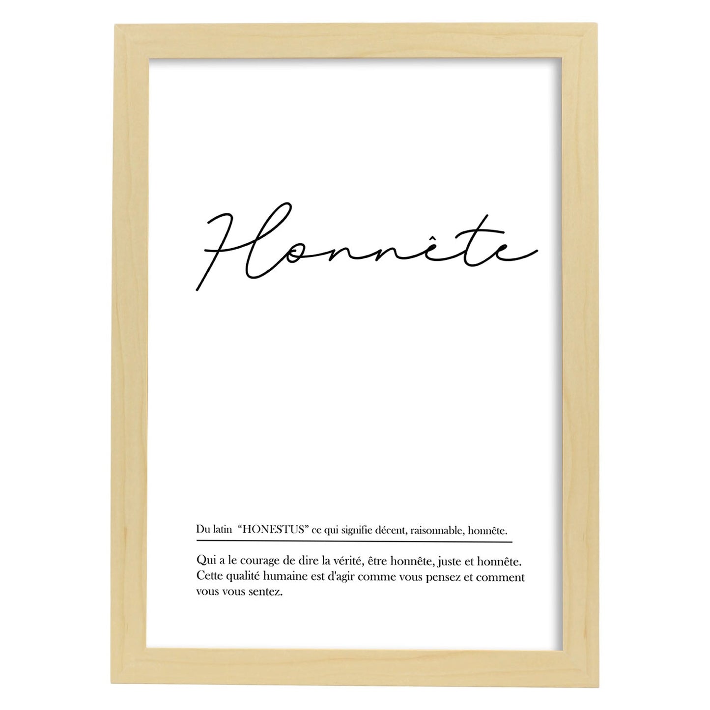 Poster con palabras en francés. Lámina Honnete con definición y fondo blanco.-Artwork-Nacnic-A3-Marco Madera clara-Nacnic Estudio SL