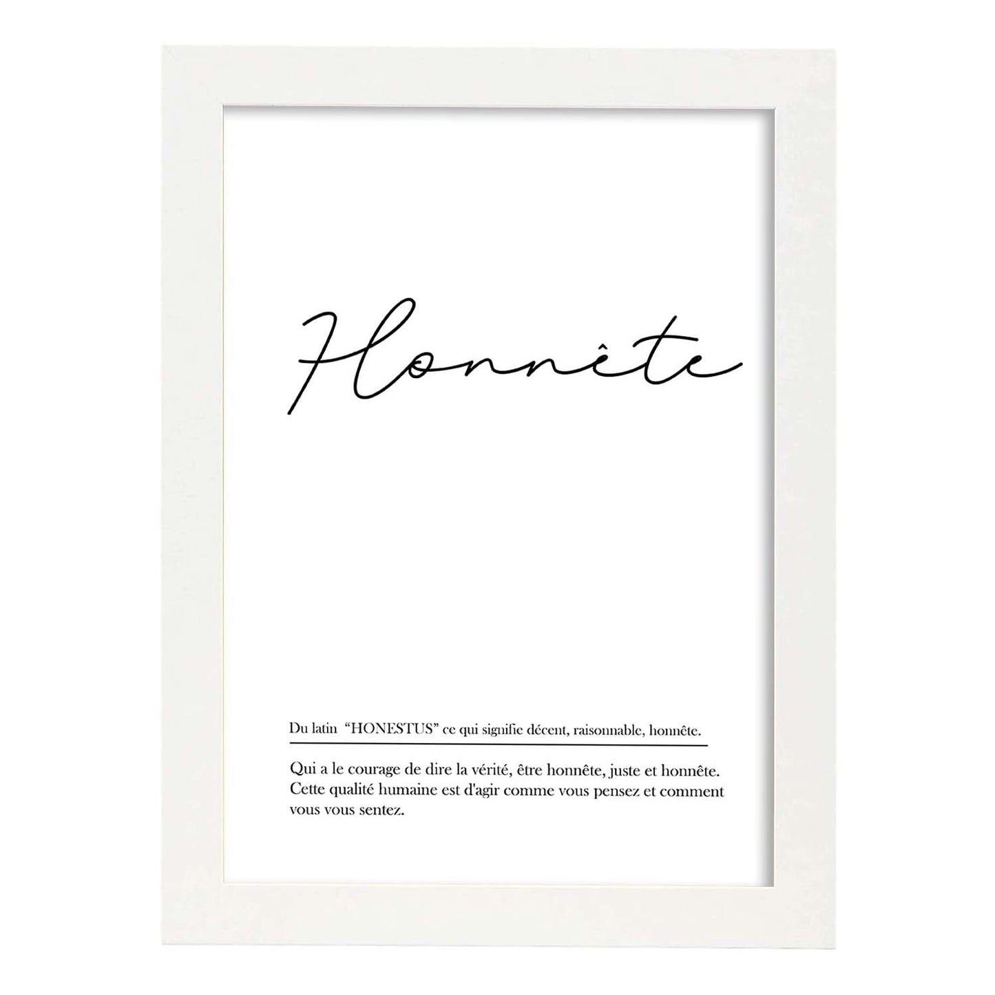 Poster con palabras en francés. Lámina Honnete con definición y fondo blanco.-Artwork-Nacnic-A4-Marco Blanco-Nacnic Estudio SL