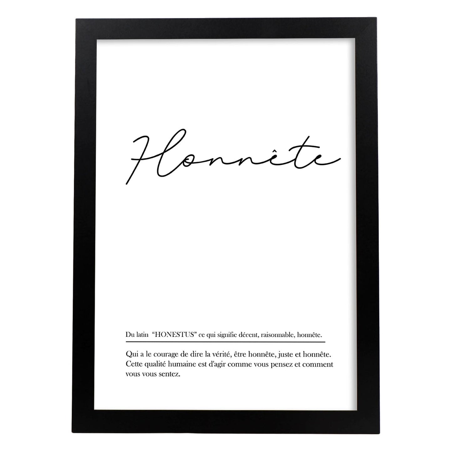 Poster con palabras en francés. Lámina Honnete con definición y fondo blanco.-Artwork-Nacnic-A4-Marco Negro-Nacnic Estudio SL