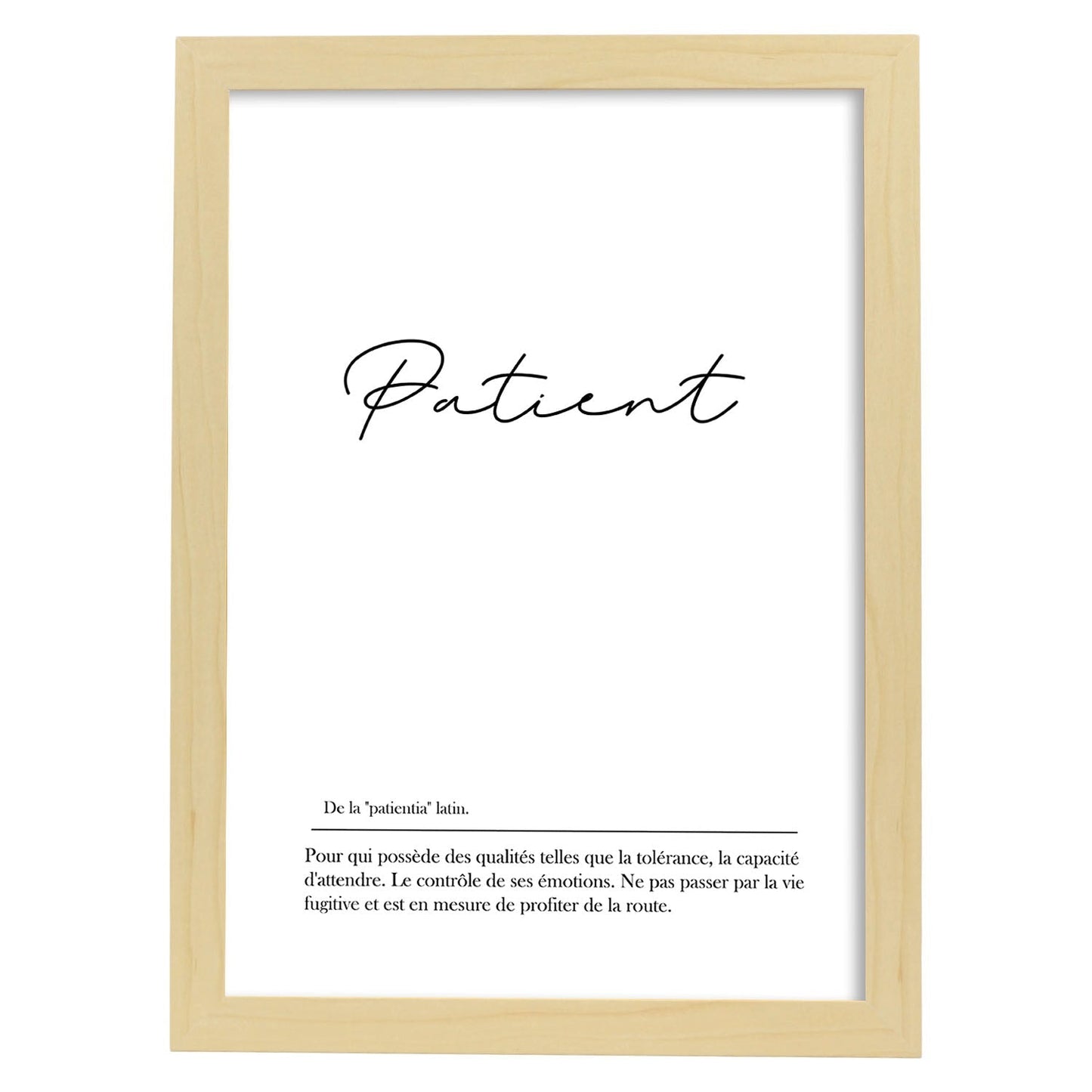 Poster con palabras en francés. Lámina Patient con definición y fondo blanco.-Artwork-Nacnic-A3-Marco Madera clara-Nacnic Estudio SL