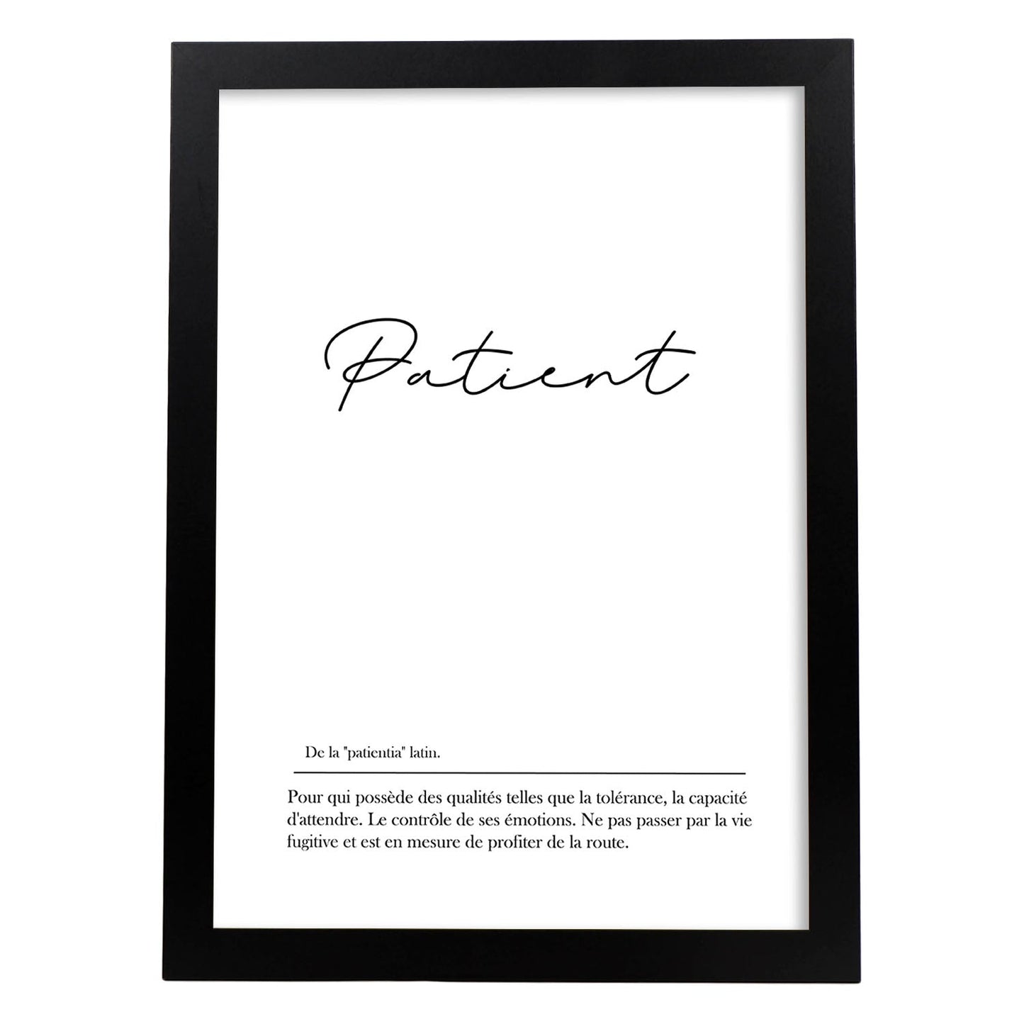Poster con palabras en francés. Lámina Patient con definición y fondo blanco.-Artwork-Nacnic-A4-Marco Negro-Nacnic Estudio SL