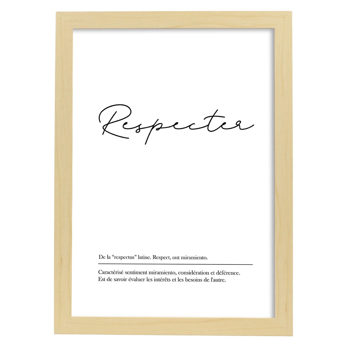 Poster con palabras en francés. Lámina Respecter con definición y fondo blanco.-Artwork-Nacnic-A3-Marco Madera clara-Nacnic Estudio SL