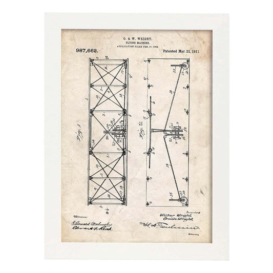 Poster con patente de Alas avion. Lámina con diseño de patente antigua.-Artwork-Nacnic-A4-Marco Blanco-Nacnic Estudio SL