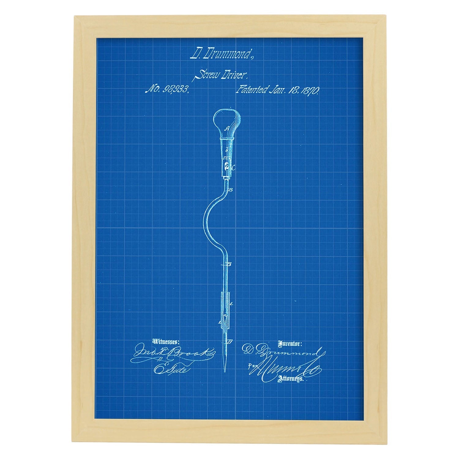Poster con patente de Atornillador. Lámina con diseño de patente antigua-Artwork-Nacnic-A4-Marco Madera clara-Nacnic Estudio SL