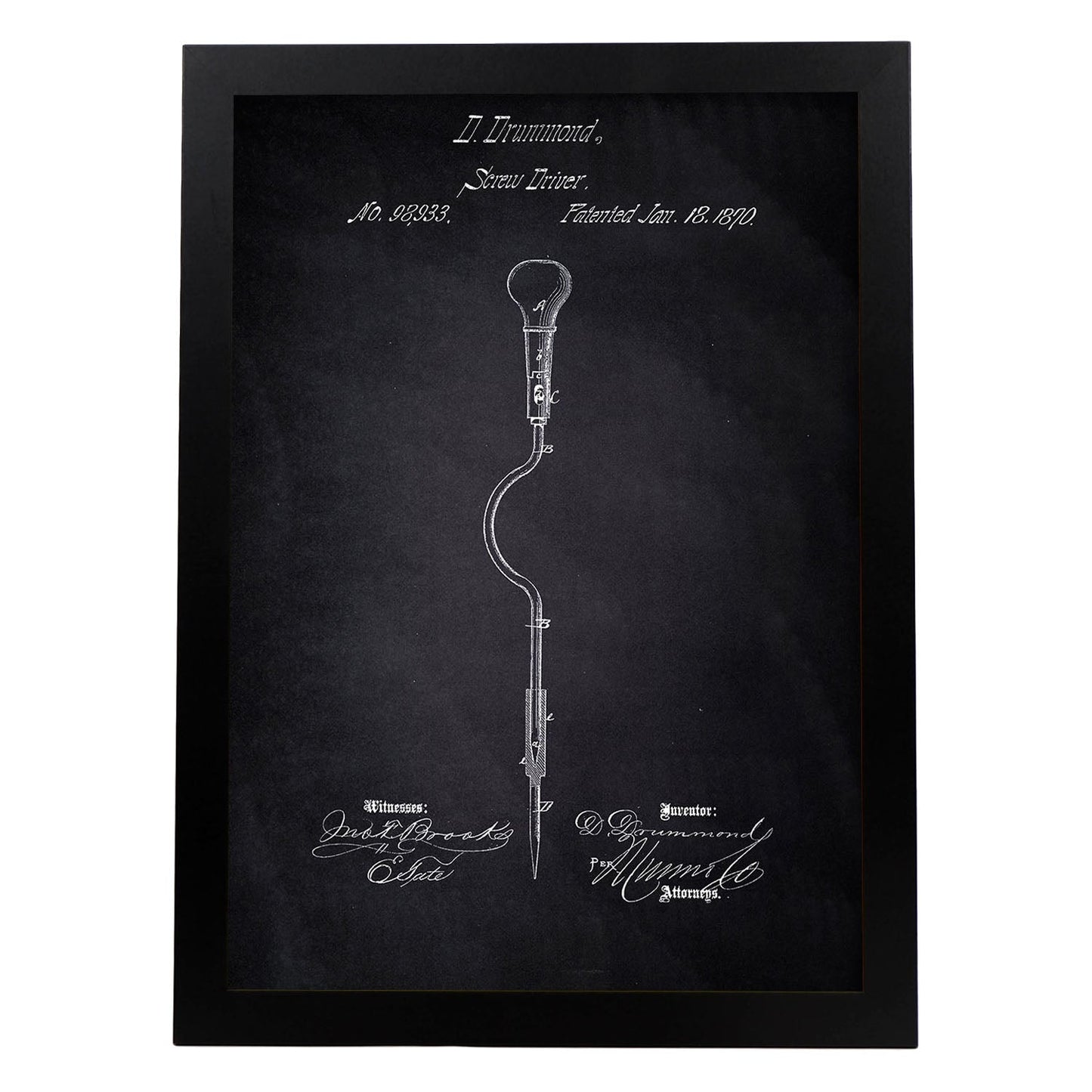 Poster con patente de Atornillador. Lámina con diseño de patente antigua-Artwork-Nacnic-A4-Marco Negro-Nacnic Estudio SL