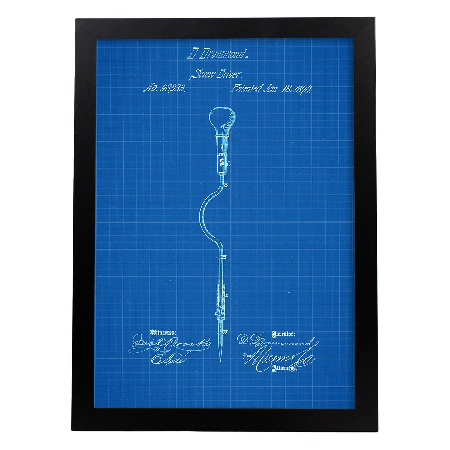 Poster con patente de Atornillador. Lámina con diseño de patente antigua-Artwork-Nacnic-A4-Marco Negro-Nacnic Estudio SL