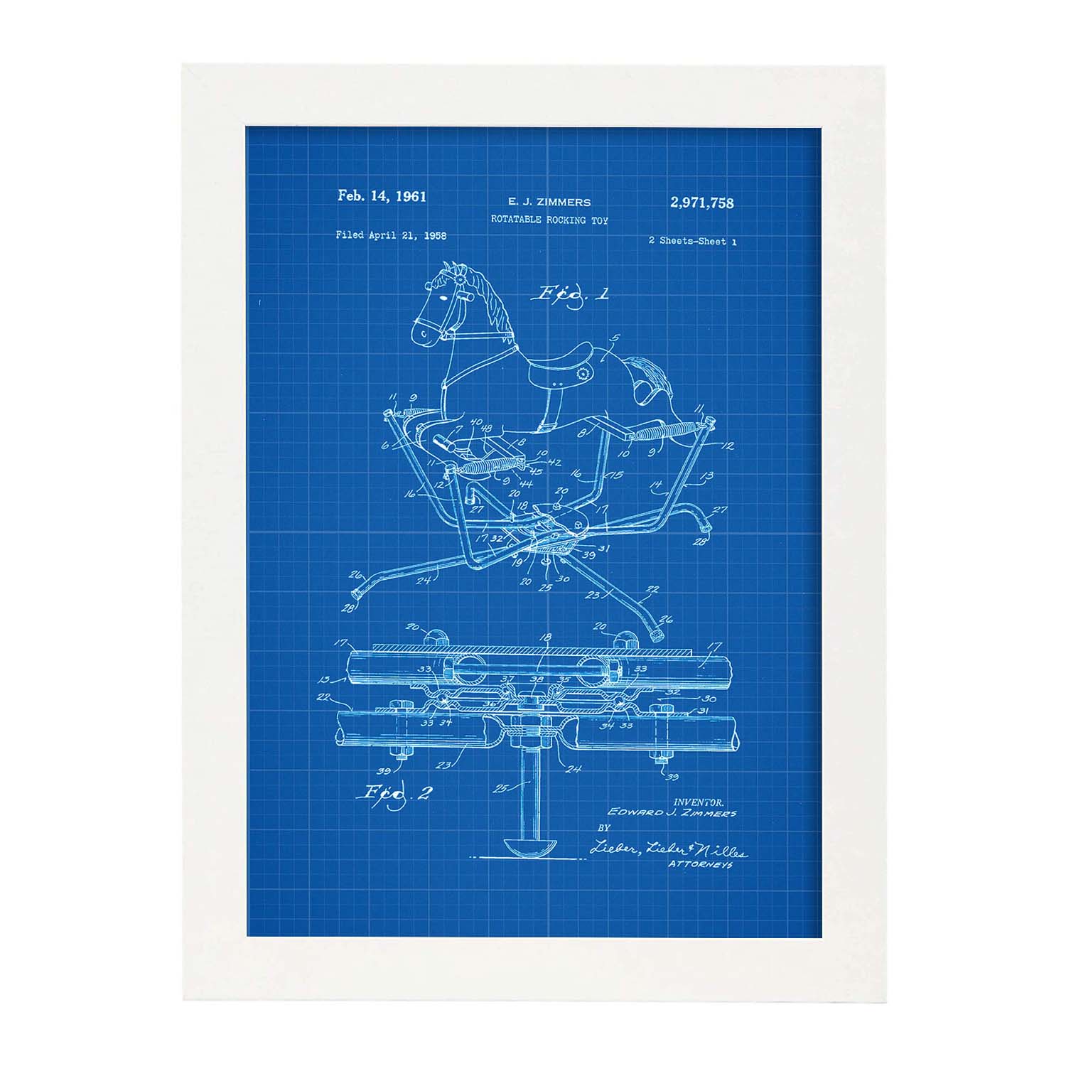 Poster con patente de Balancin caballito. Lámina con diseño de patente antigua-Artwork-Nacnic-A4-Marco Blanco-Nacnic Estudio SL