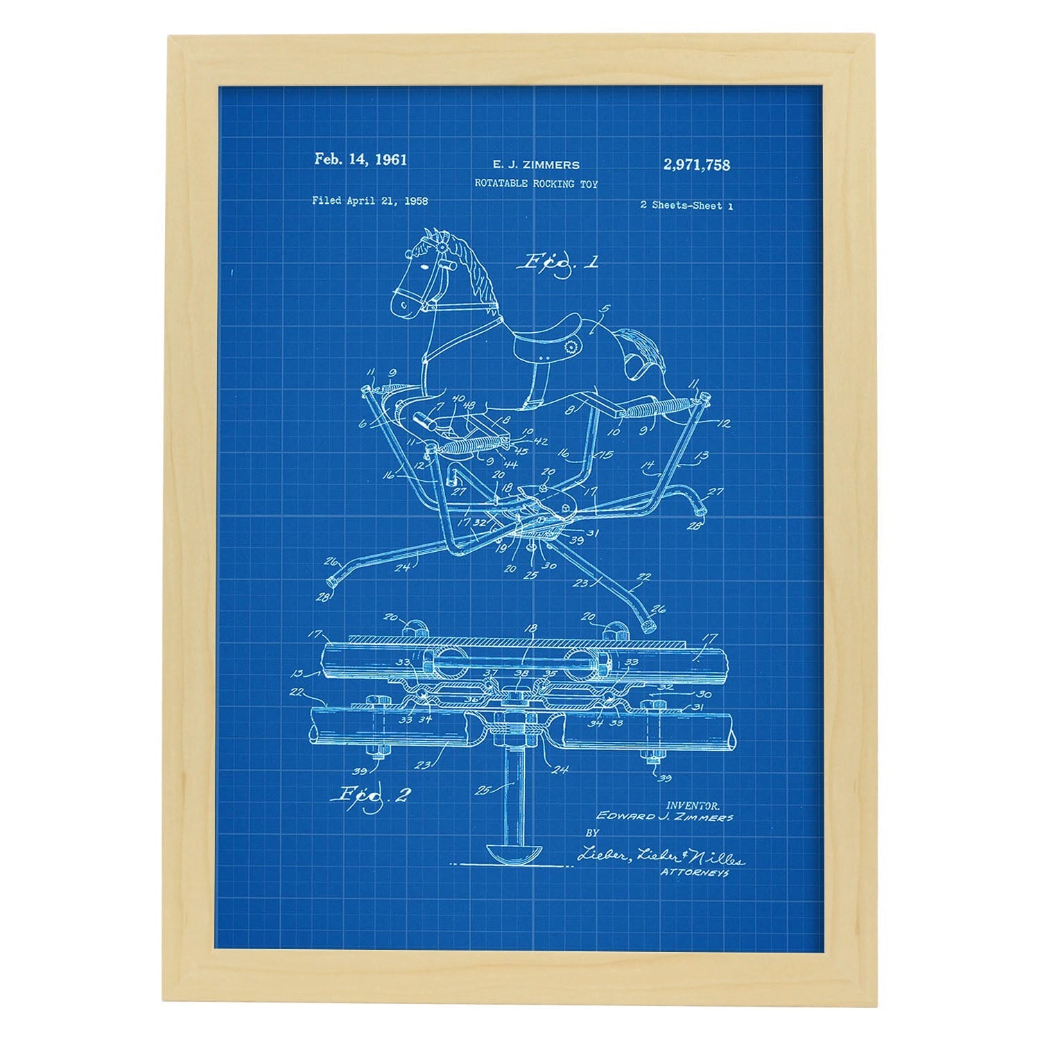 Poster con patente de Balancin caballito. Lámina con diseño de patente antigua-Artwork-Nacnic-A4-Marco Madera clara-Nacnic Estudio SL