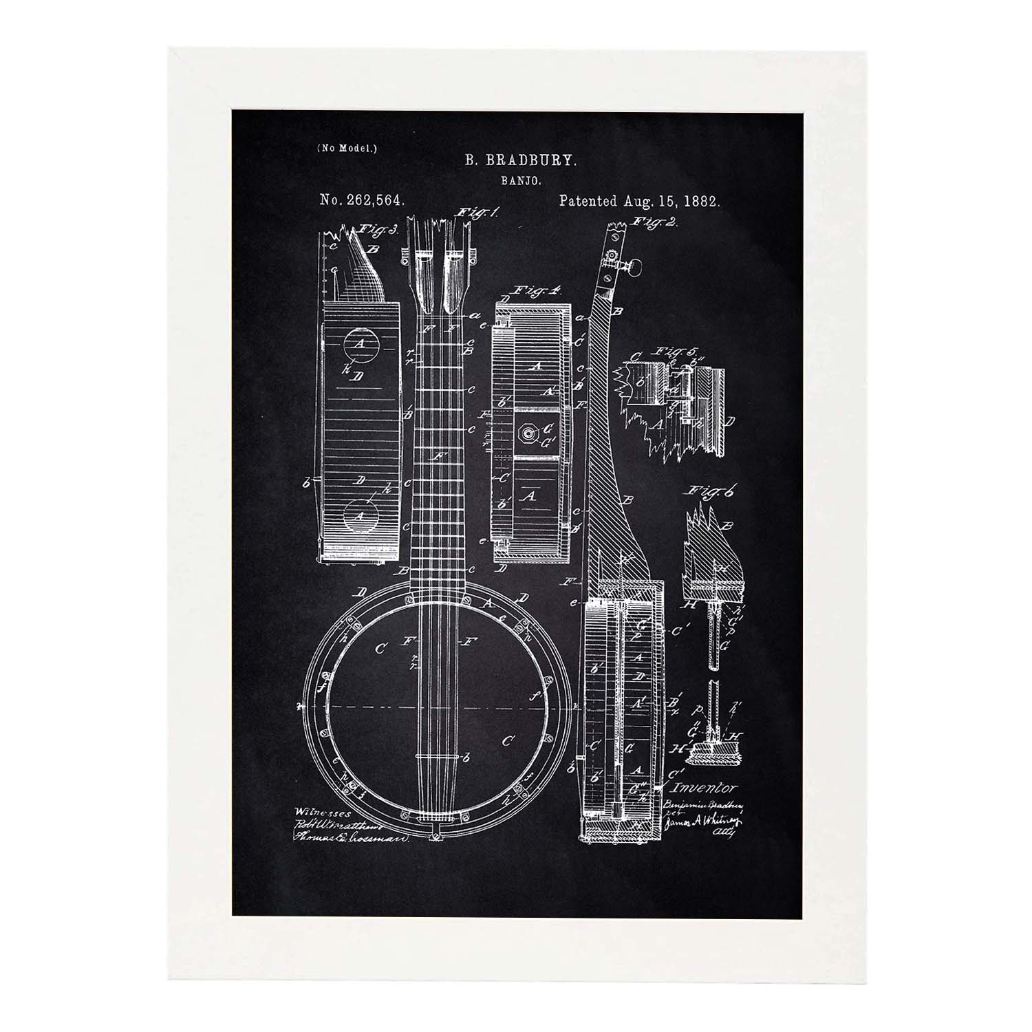 Poster con patente de Banjo. Lámina con diseño de patente antigua-Artwork-Nacnic-A3-Marco Blanco-Nacnic Estudio SL