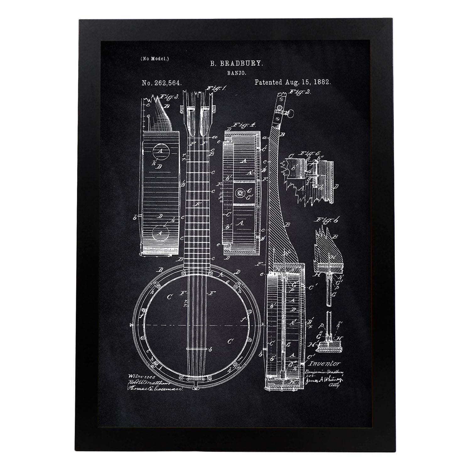 Poster con patente de Banjo. Lámina con diseño de patente antigua-Artwork-Nacnic-A3-Marco Negro-Nacnic Estudio SL