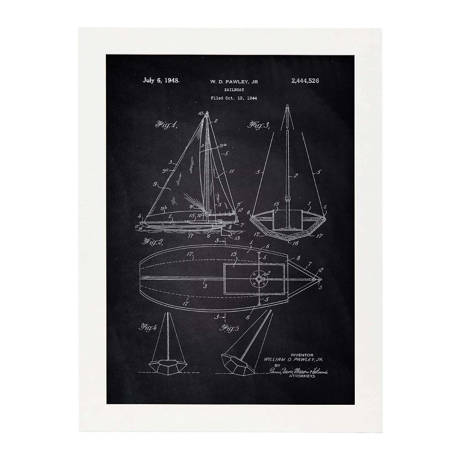 Poster con patente de Barco velero. Lámina con diseño de patente antigua-Artwork-Nacnic-A3-Marco Blanco-Nacnic Estudio SL