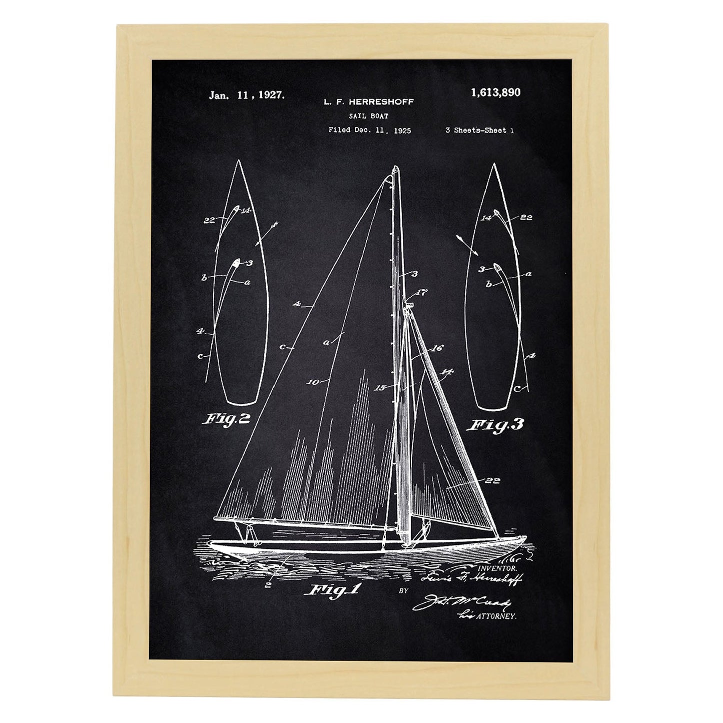 Poster con patente de Barco velero. Lámina con diseño de patente antigua-Artwork-Nacnic-A3-Marco Madera clara-Nacnic Estudio SL