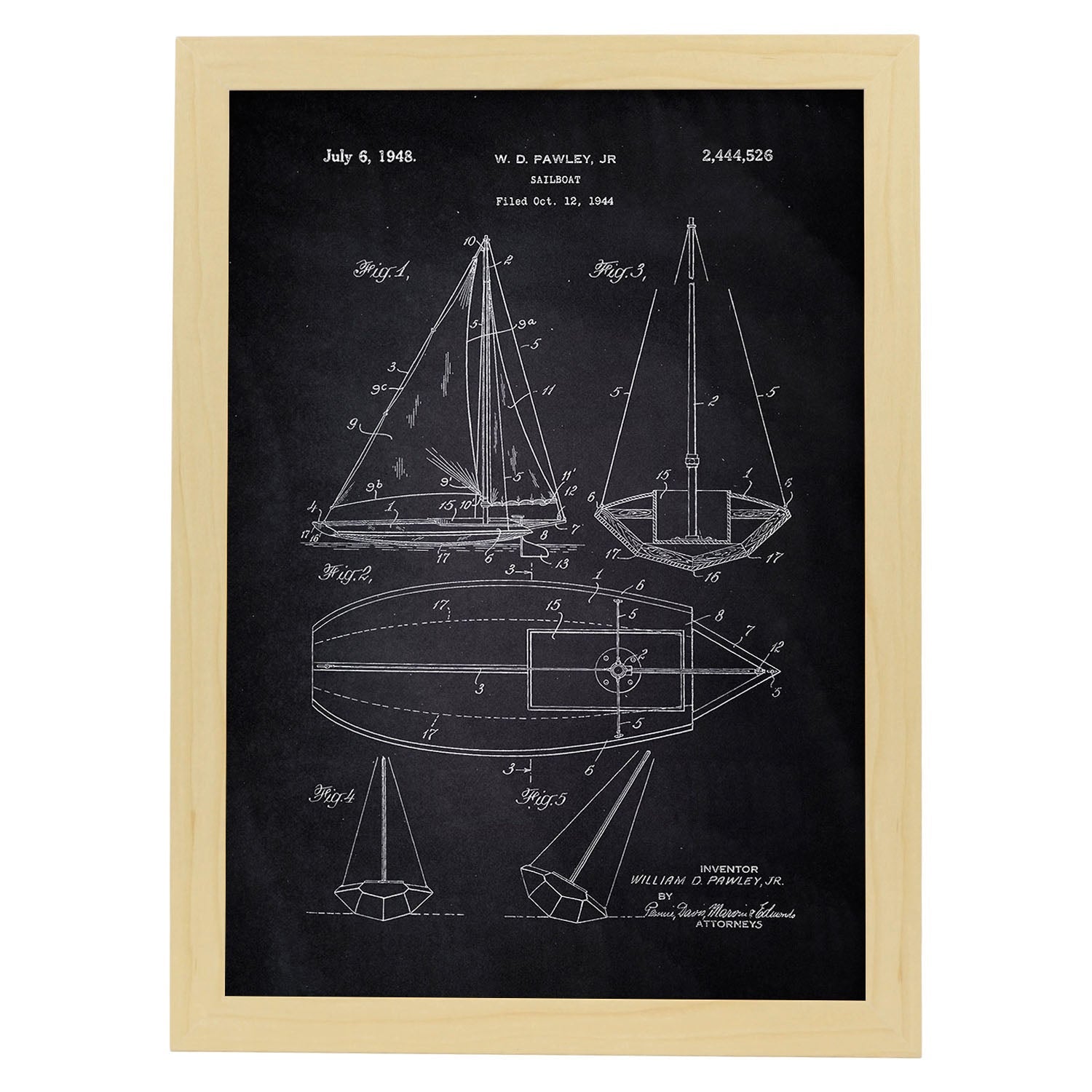 Poster con patente de Barco velero. Lámina con diseño de patente antigua-Artwork-Nacnic-A3-Marco Madera clara-Nacnic Estudio SL