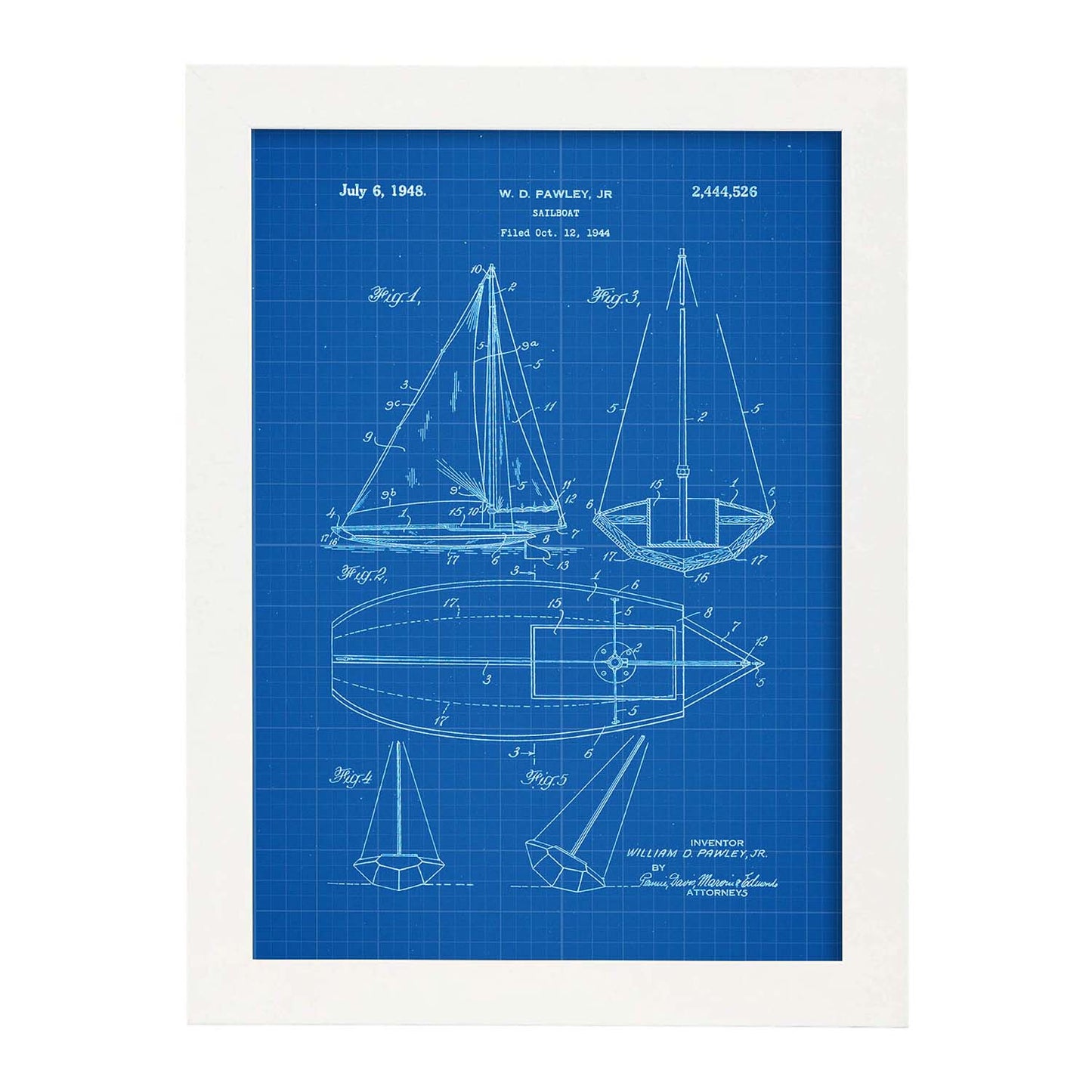 Poster con patente de Barco velero. Lámina con diseño de patente antigua-Artwork-Nacnic-A4-Marco Blanco-Nacnic Estudio SL
