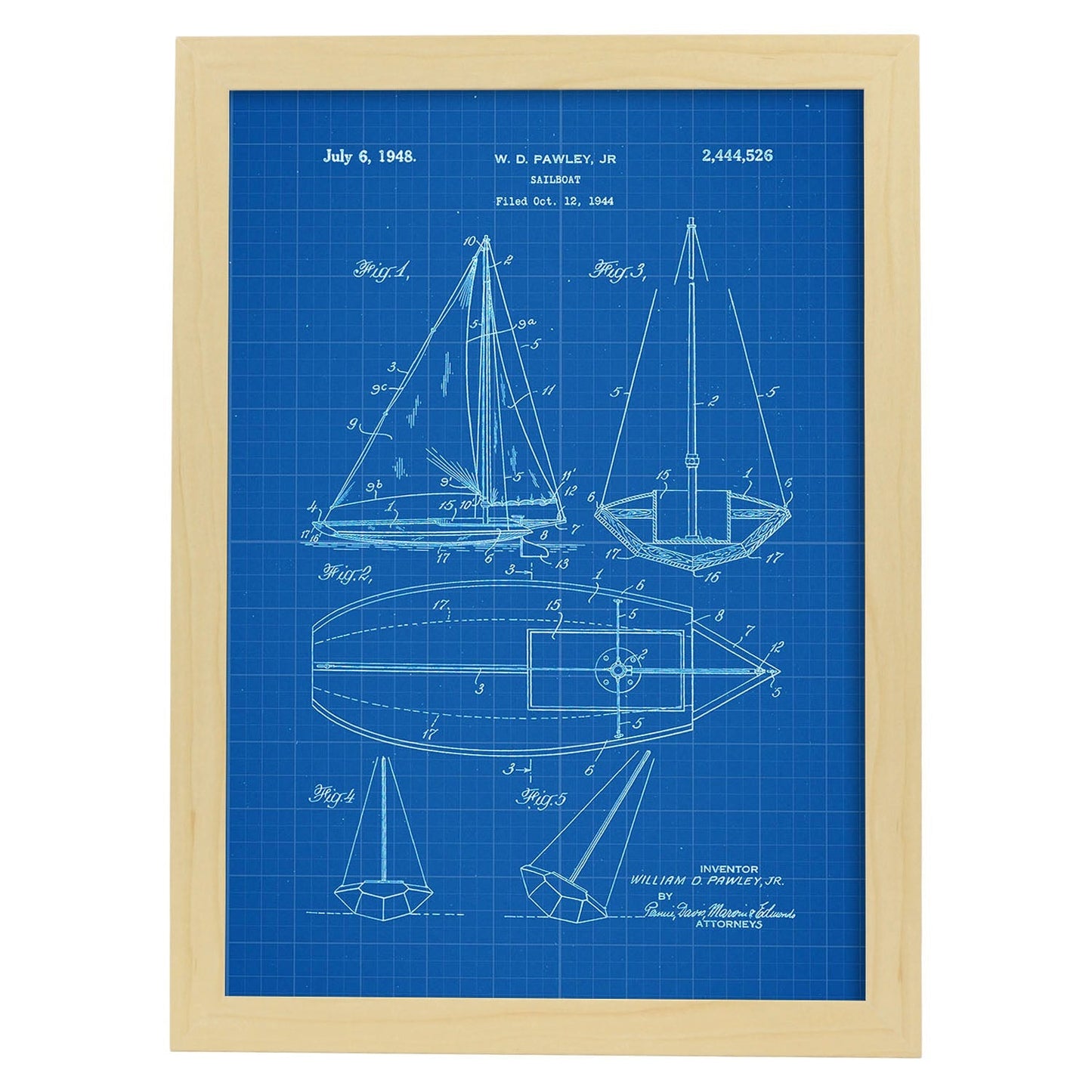 Poster con patente de Barco velero. Lámina con diseño de patente antigua-Artwork-Nacnic-A4-Marco Madera clara-Nacnic Estudio SL