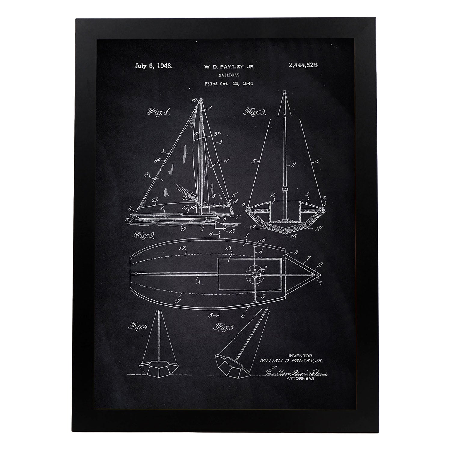 Poster con patente de Barco velero. Lámina con diseño de patente antigua-Artwork-Nacnic-A4-Marco Negro-Nacnic Estudio SL